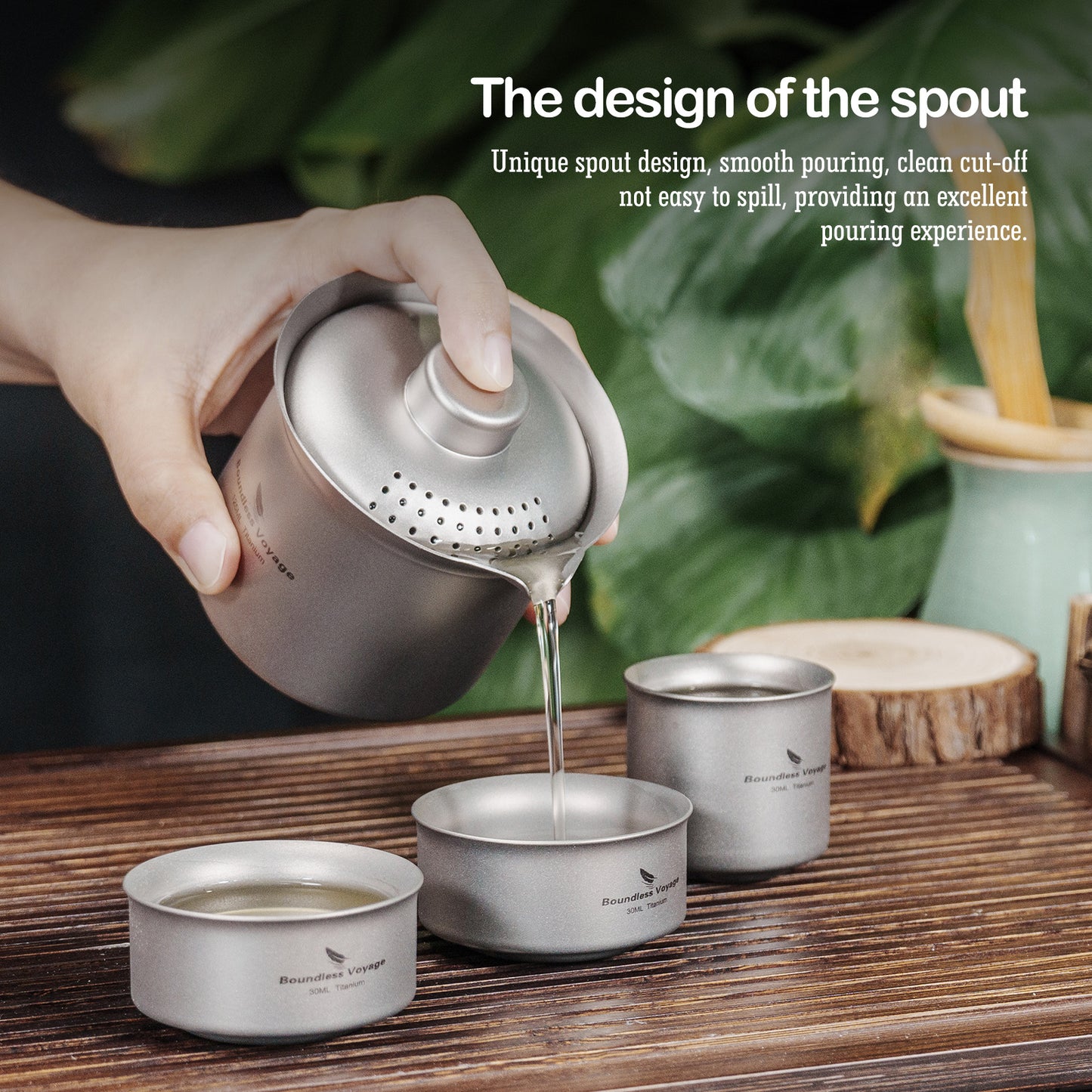 Boundless Voyage Titanium Double-Layer Tea Maker Set – Ultralight Camping Tea Pot + 3 Mini Cups (30ml) for Outdoor Brewing & Travel Tea Ceremony