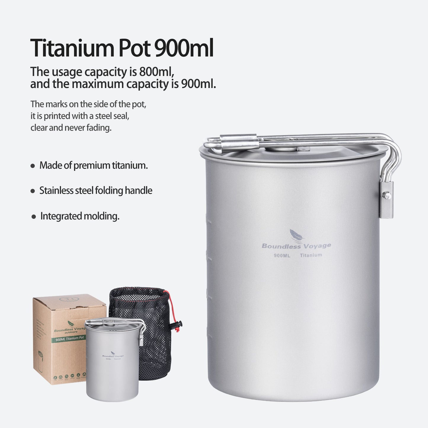 Boundless Voyage TA1 Titanium Outdoor Pot with Lid – Ultralight Folding Handle Camping, Hiking & Picnic Cookware