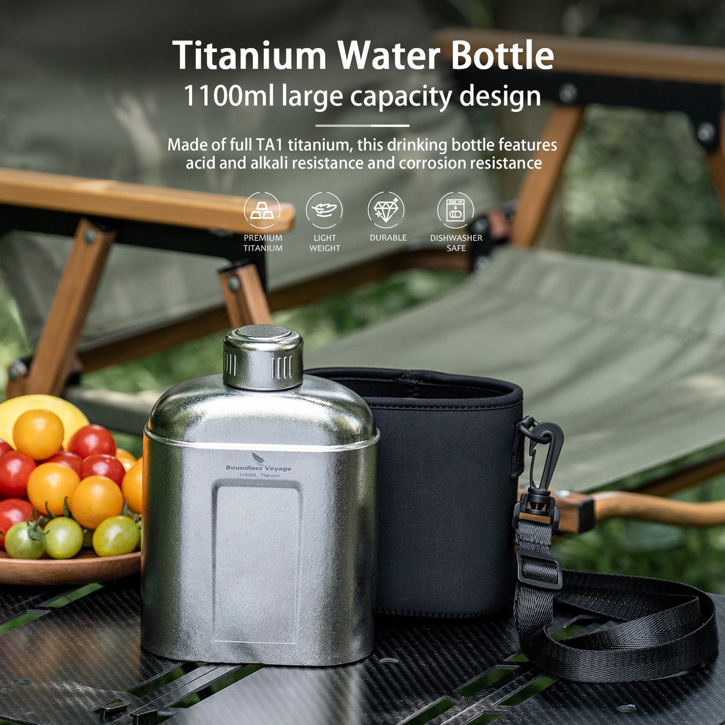 Boundless Voyage 1100ml TA1 Titanium Water Bottle – Single Wall Open-Fire Canteen with Leakproof Lid & Carry Sleeve for Camping & Outdoor Survival