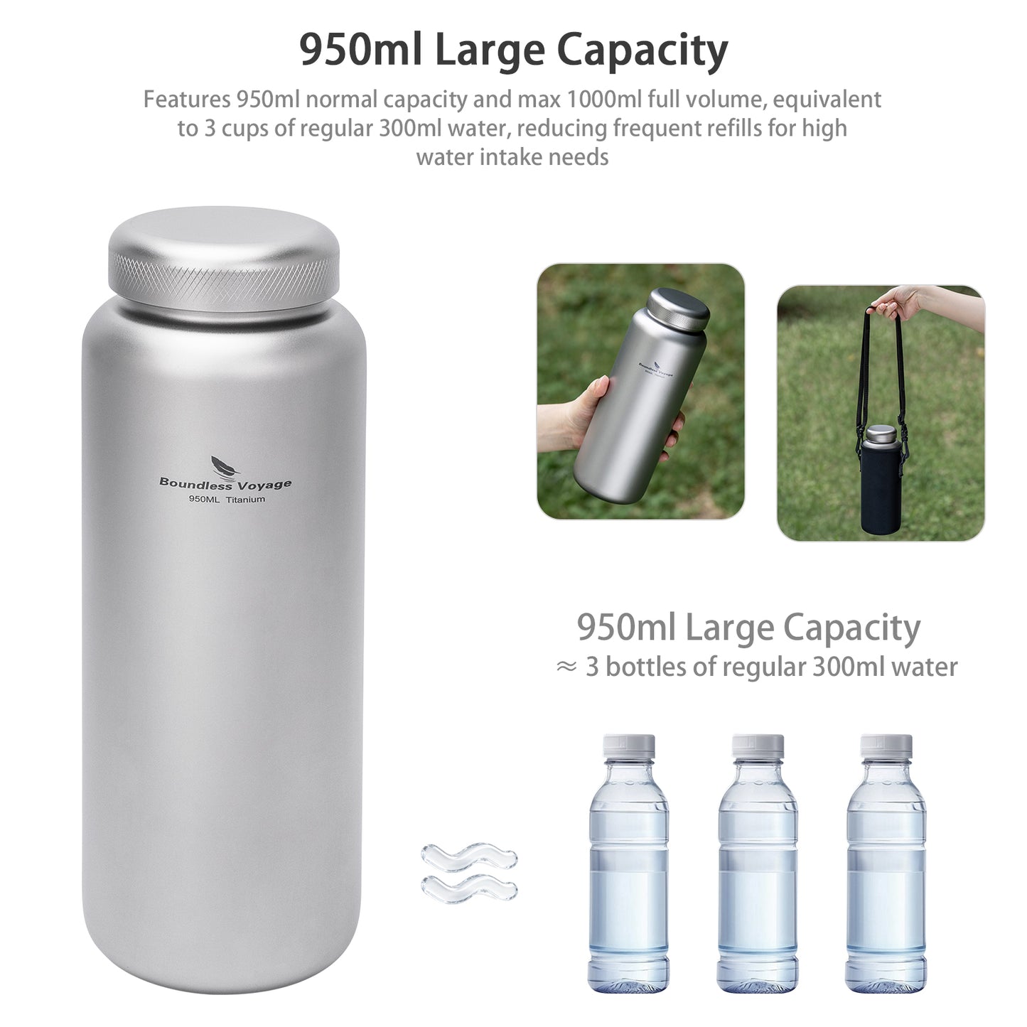 Boundless Voyage 950ml Titanium Water Bottle with Lids – TA1 Ultralight Wide Mouth Canteen for Hiking, Camping & Travel