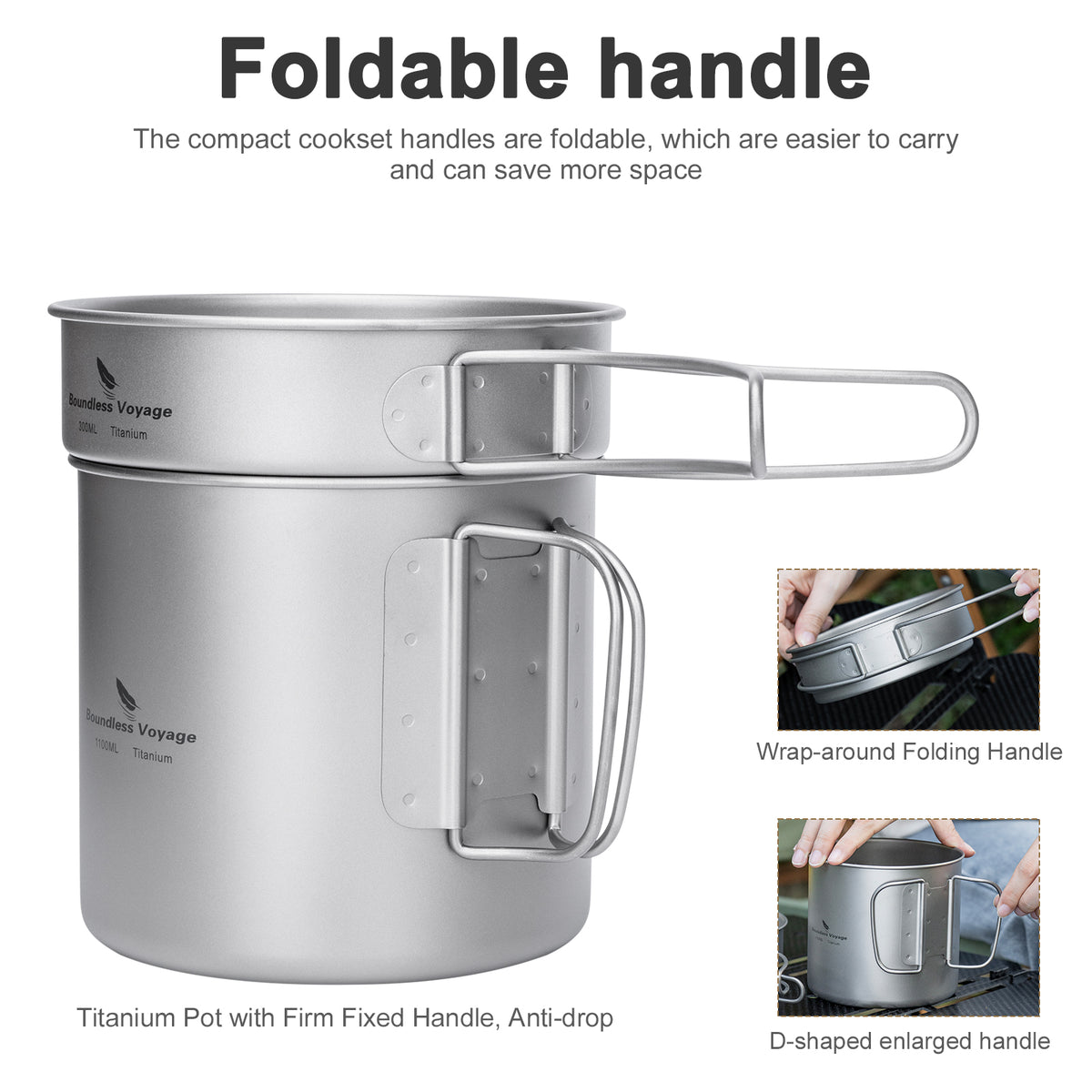 Boundless Voyage Titanium Pot & Pan Set with Folding Handles – Ultralight Camping Cookware Mess Kit for Hiking, Picnic & Outdoor Tableware