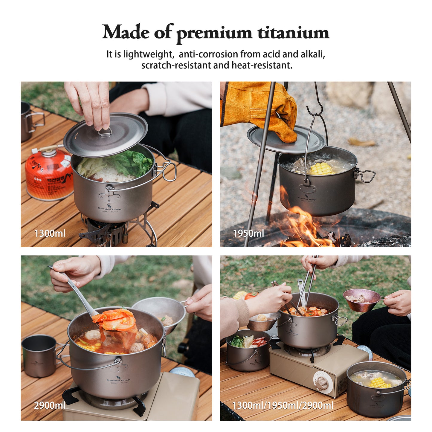 Boundless Voyage Titanium Cookware Set 3-Piece (1300ml/1950ml/2900ml) – Large Capacity Camping Pots, Ultralight TA1 Titanium Cooking Set for Outdoor, Backpacking & Group Cooking