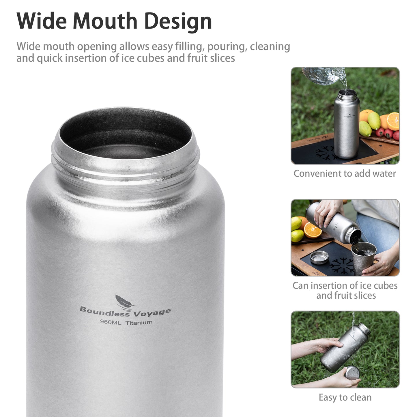 Boundless Voyage 950ml Titanium Water Bottle with Lids – TA1 Ultralight Wide Mouth Canteen for Hiking, Camping & Travel