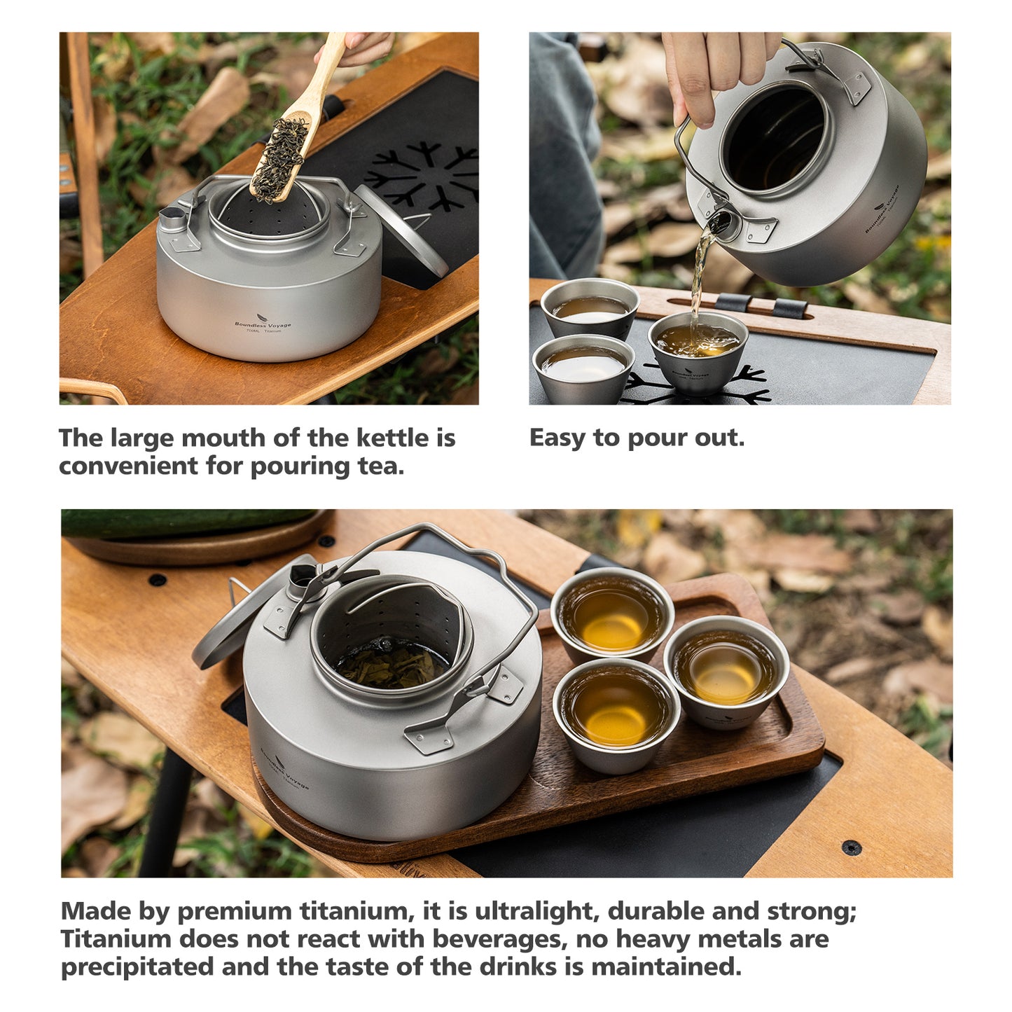 Boundless Voyage Titanium Kettle 700ml with Strainer – Ultralight Camping Pot with Folding Handle for Open Fire & Bushcraft