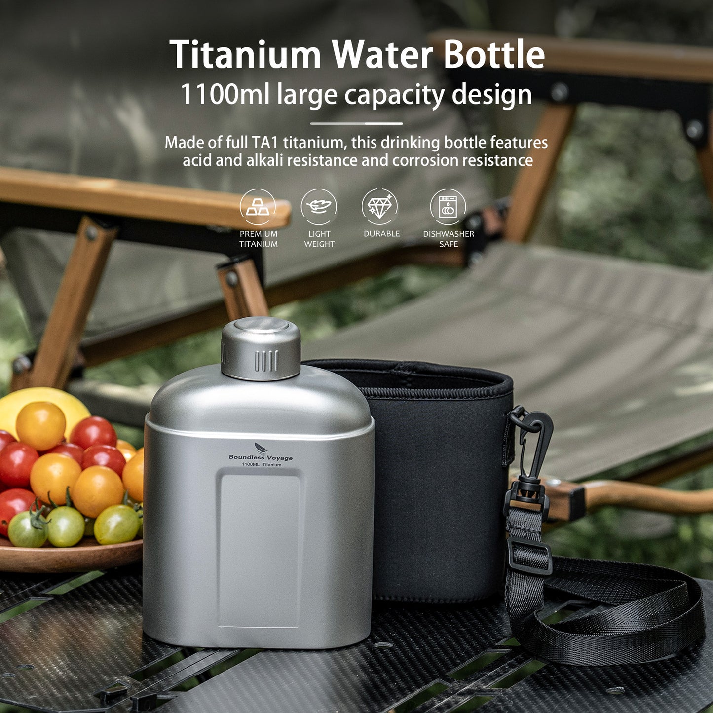 Boundless Voyage 1100ml TA1 Titanium Water Bottle – Single Wall Open-Fire Canteen with Leakproof Lid & Carry Sleeve for Camping & Outdoor Survival