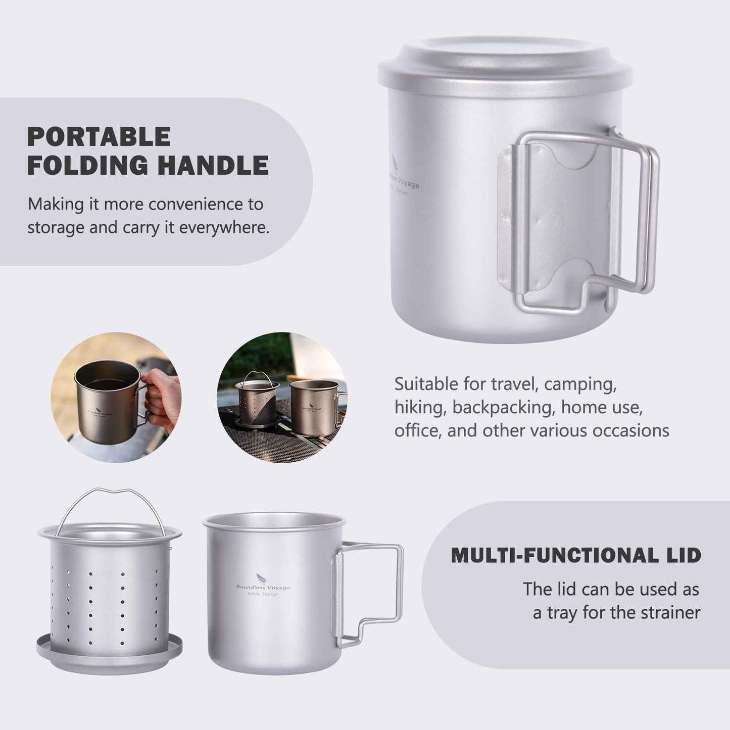 Boundless Voyage Titanium Mug with Tea Strainer 420ml/14.2 fl oz Portable Folding Handle Lightweight Tea Cup with Tea Filter Outdoor Camping Tea Maker