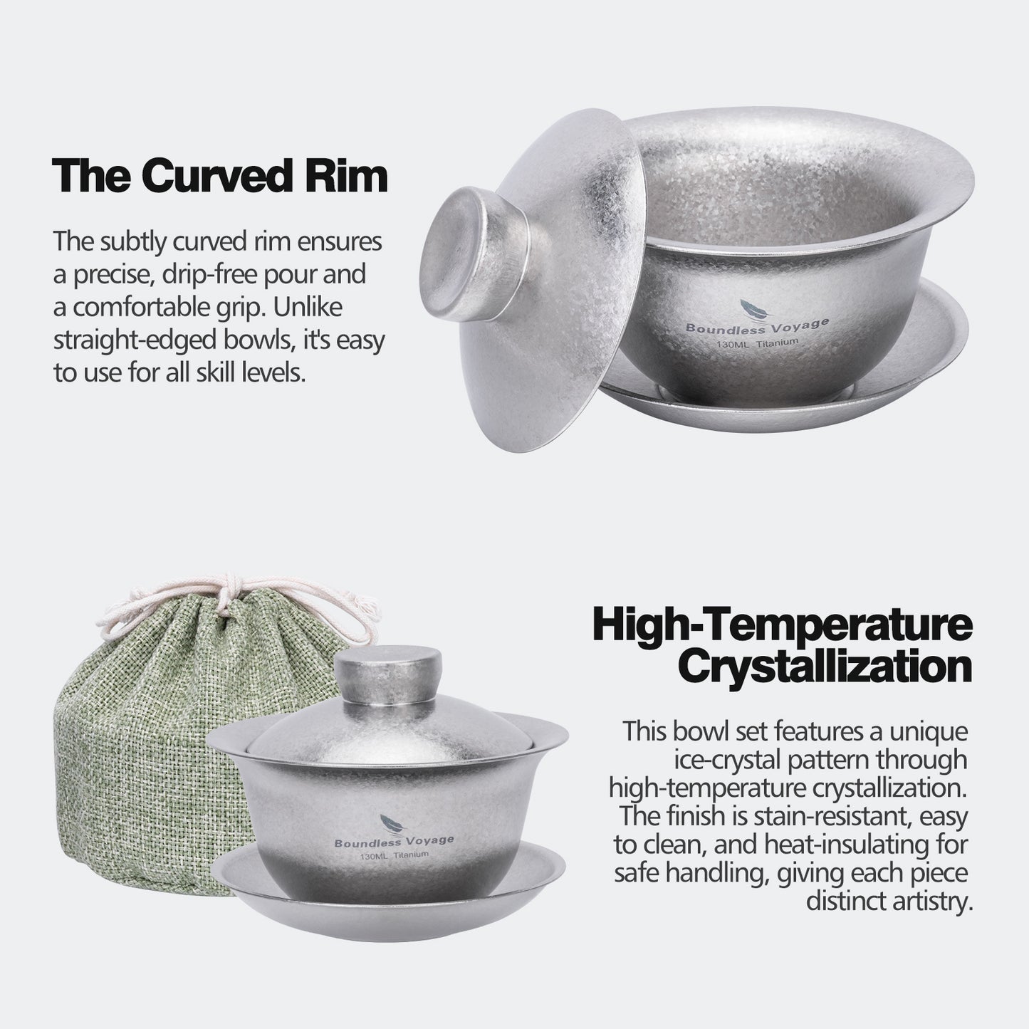 Boundless Voyage 130ml Crystallized Titanium Gaiwan Set | Ultralight 121g Chinese Kung Fu Tea Bowl | Double-Walled Anti-Scald Teacup with Lid & Saucer