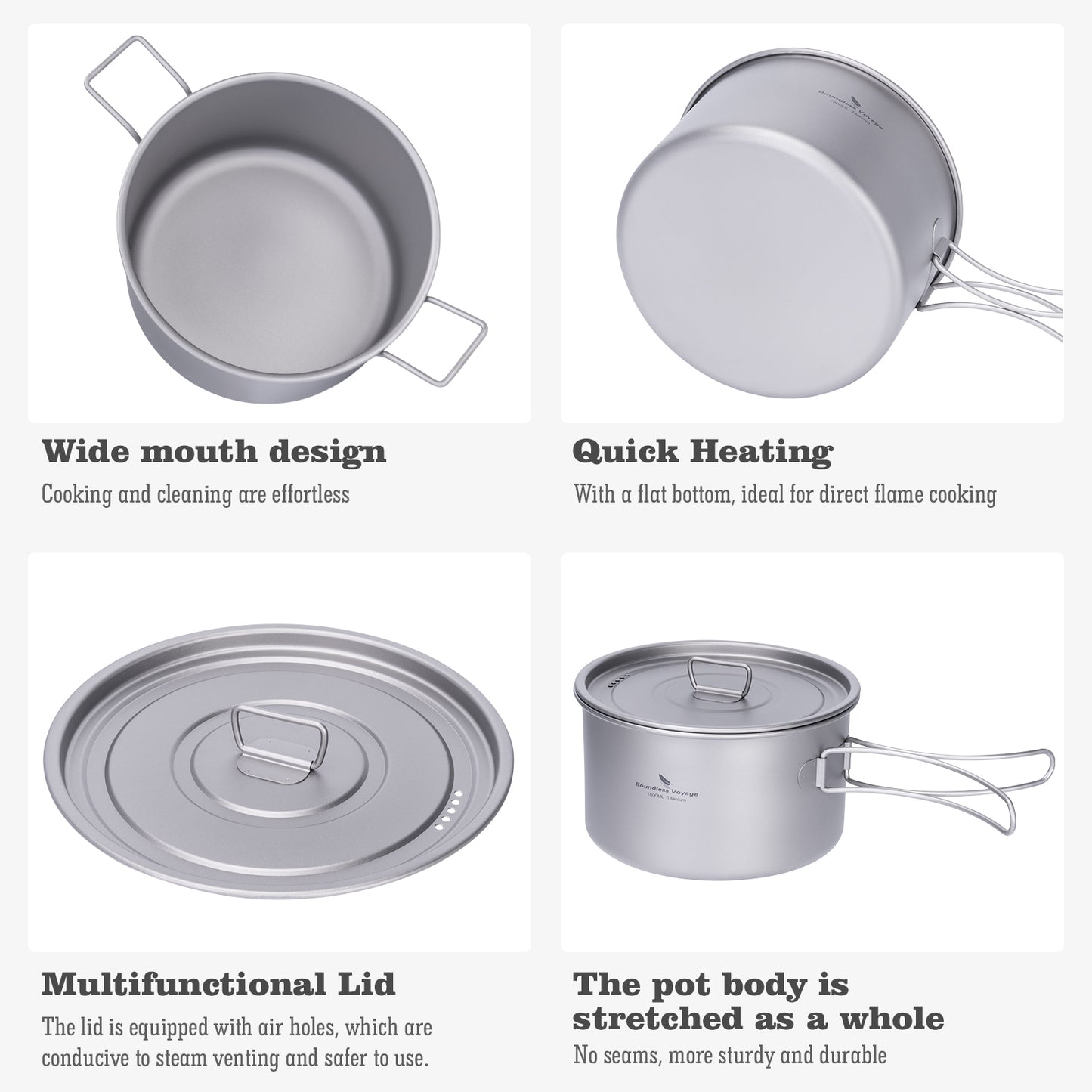 Boundless Voyage Titanium Cookware Set 3-Piece (1.2L/1.8L/2.4L) – Ultralight Camping Pots Set, Nesting Titanium Cooking Kit for Backpacking, Hiking & Outdoor Cooking
