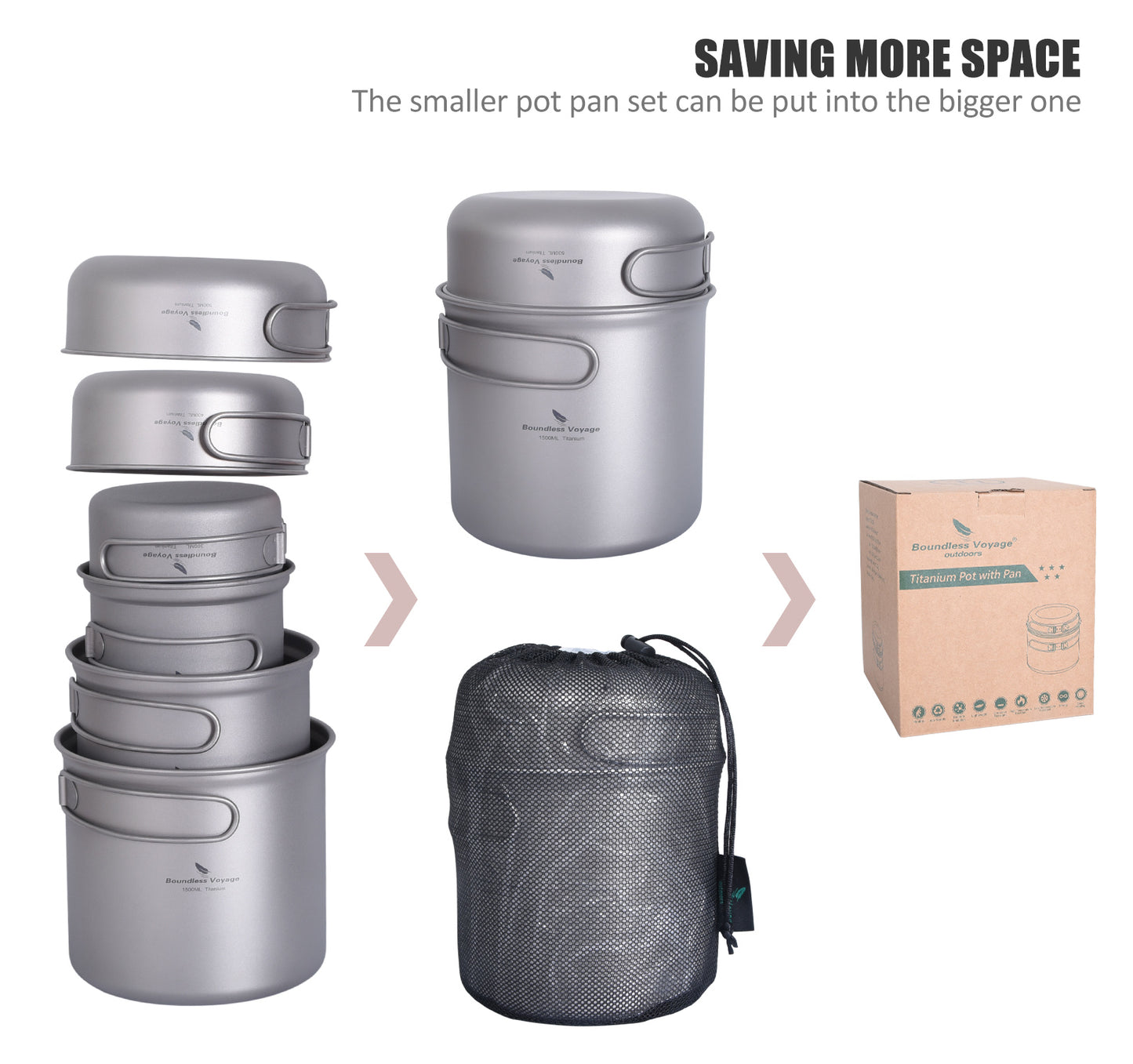Boundless Voyage Titanium Pot Pan Set 400ml+500ml+1100ml+1500ml– Ultralight Camping Cookware (1100ml / 1500ml), Nesting TA1 Titanium Mug Plate Set for Backpacking & Hiking
