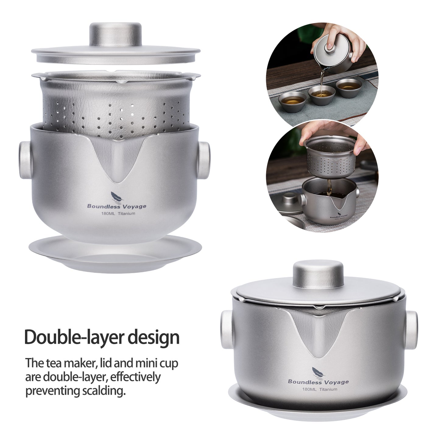 Boundless Voyage 180ml Titanium Double-Layer Tea Set | 136g Ultralight Teapot with 3pcs 30ml Anti-Scald Cups | Stackable Travel Tea Maker for Camping