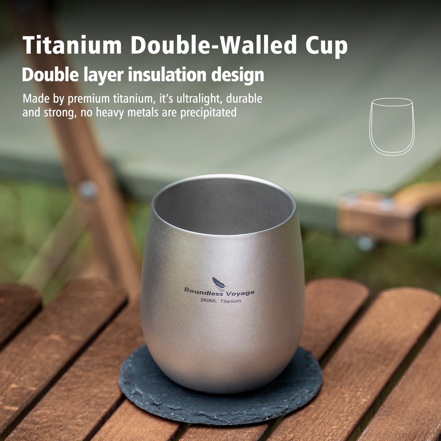 Boundless Voyage Titanium Double-Wall Cup – Ultralight TA1 Camping Coffee Mug for Travel, Hiking & Outdoor Use