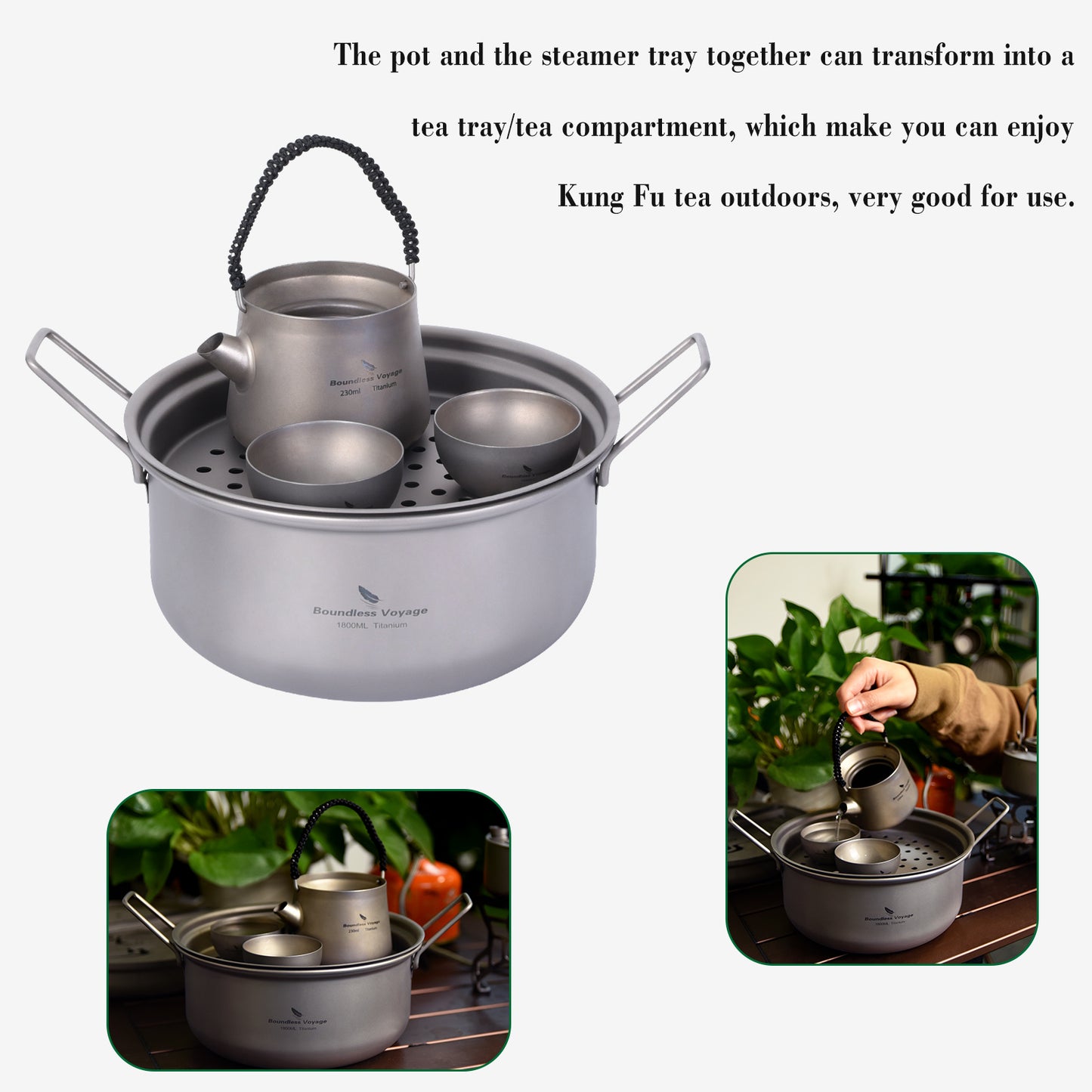 Boundless Voyage Titanium Steamer Pot Set with Lid – Ultralight Camping Stockpot & Steaming Kit, TA1 Titanium Outdoor Cookware for Backpacking, Hiking & Healthy Cooking