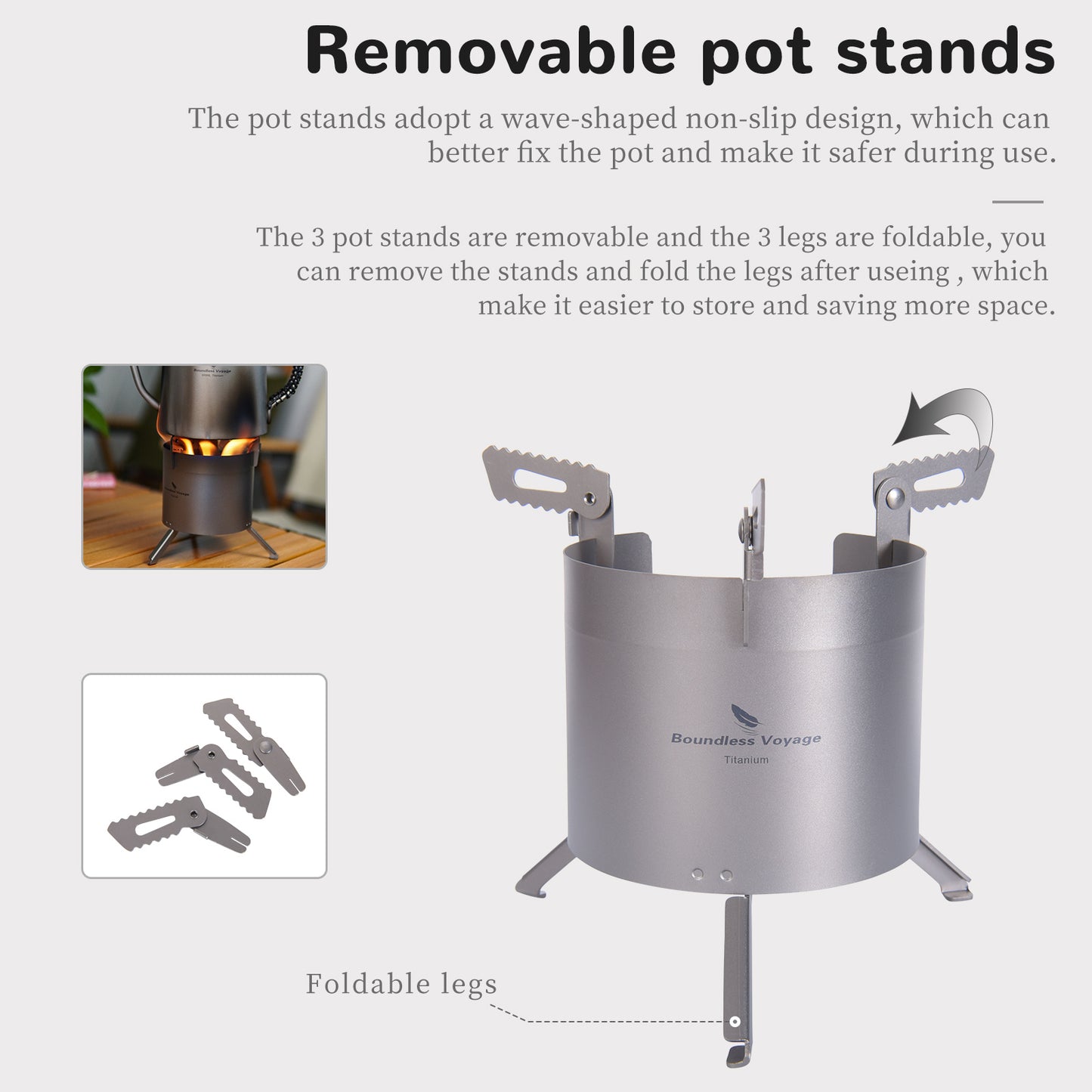 Boundless Voyage Camping Titanium Wood Stove With Removable Pot Stands Folding Legs Outdoor Double-wall Furnace