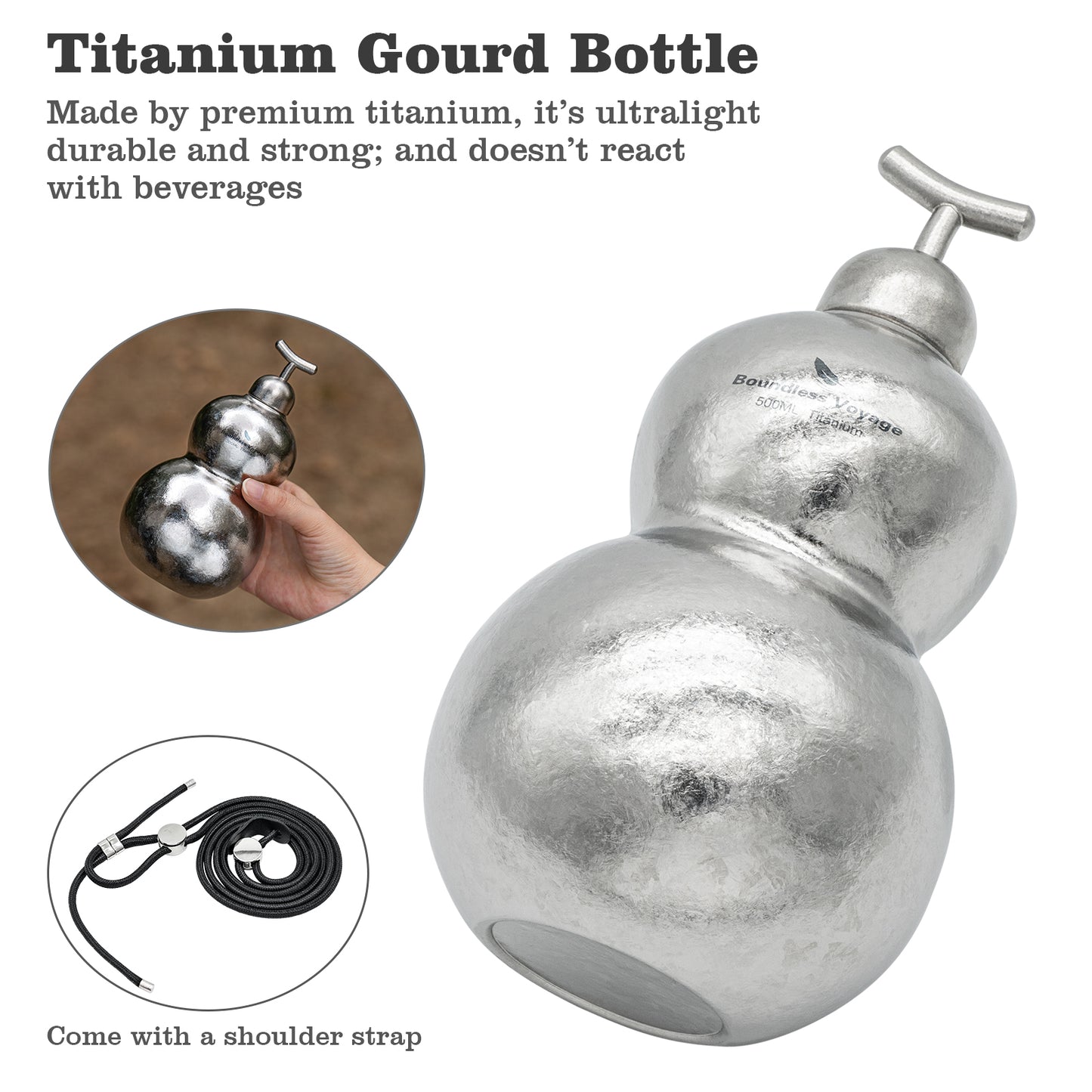 Boundless Voyage Premium Titanium Gourd Flask  | 500ml Crystallized Ice-Texture Canteen | Ultralight & Rustproof Alcohol Drinkware for Hiking & Camping