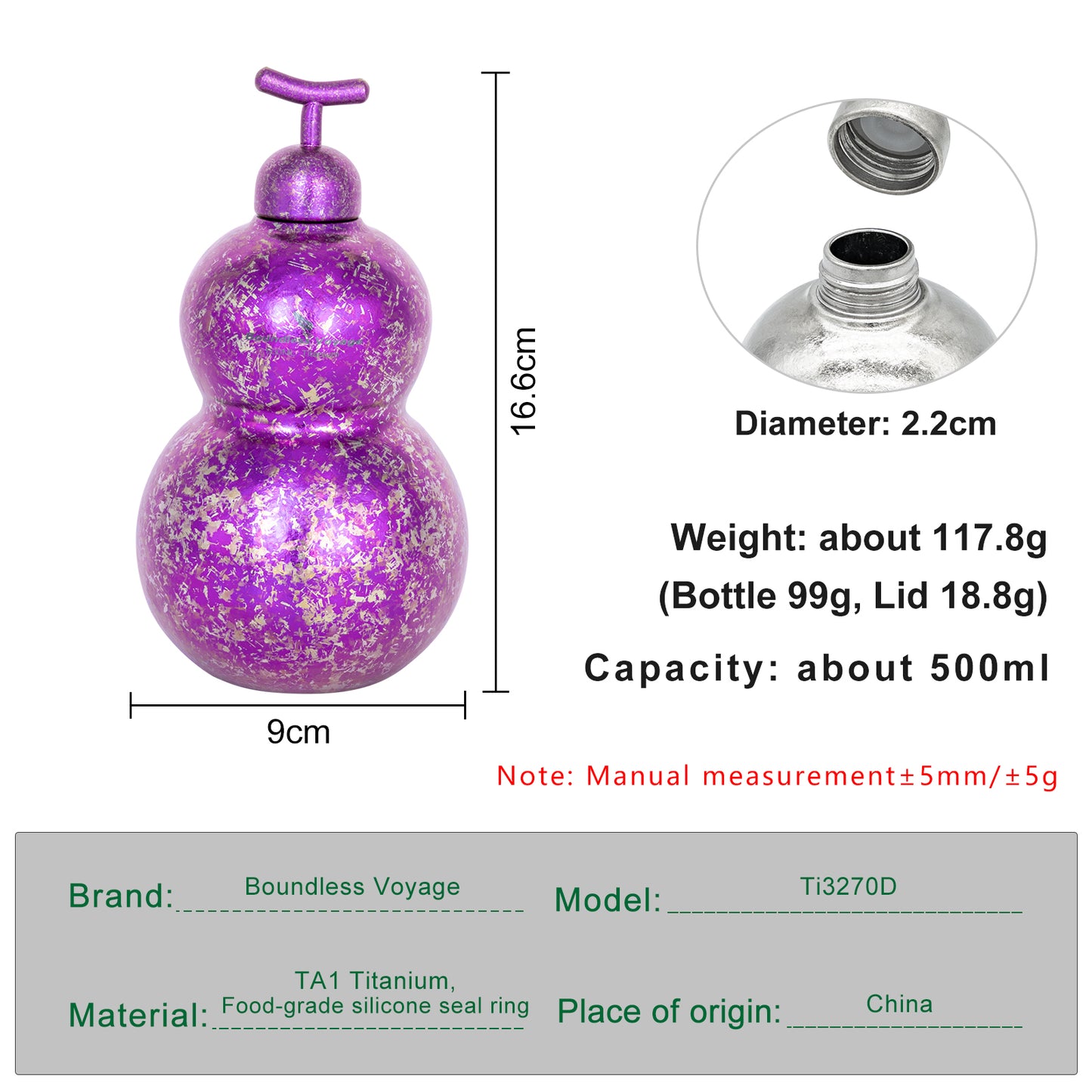 Boundless Voyage Premium Titanium Gourd Flask  | 500ml Crystallized Ice-Texture Canteen | Ultralight & Rustproof Alcohol Drinkware for Hiking & Camping
