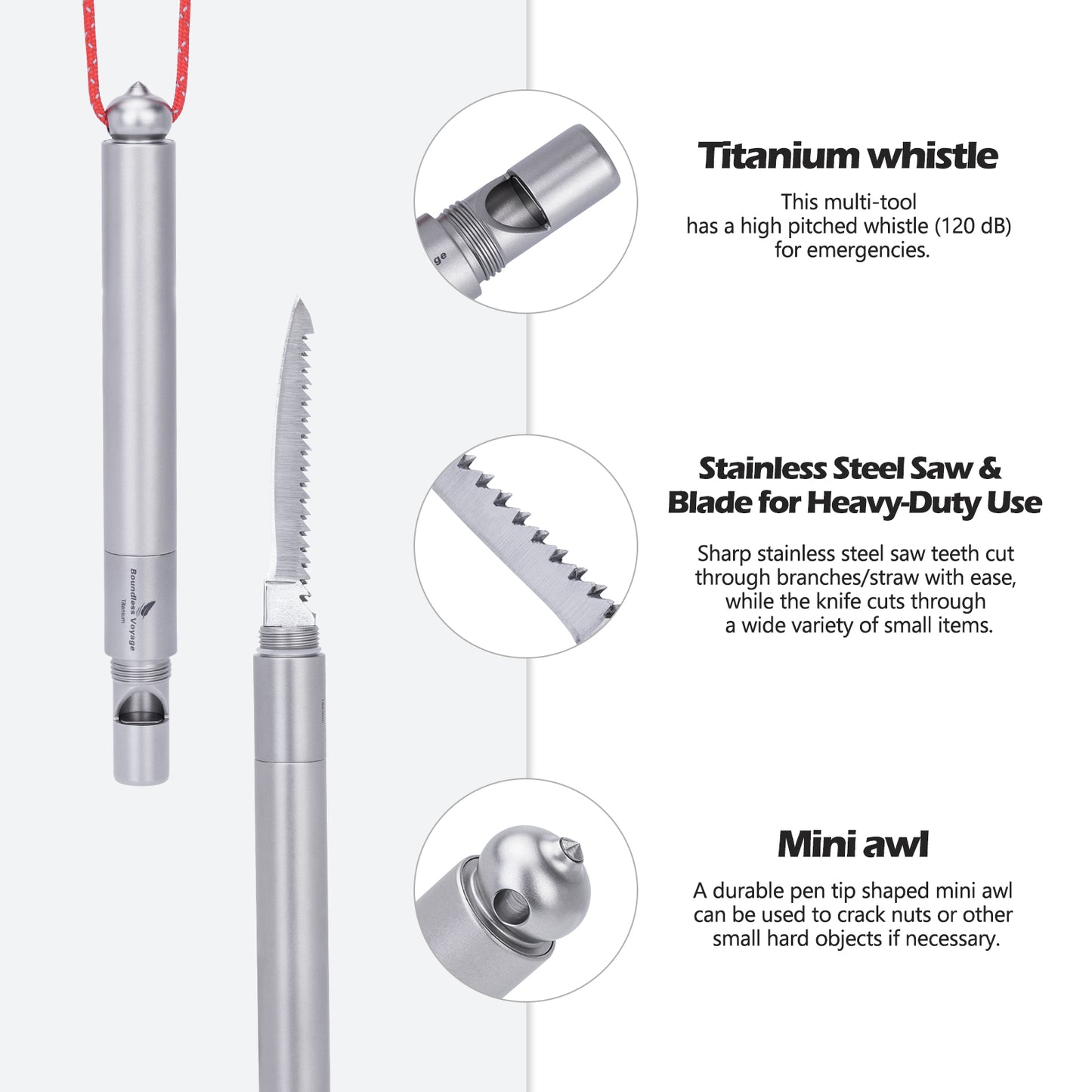 Boundless Voyage Titanium Survival Whistle 120dB – 4-in-1 EDC Emergency Tool with Knife, Saw & Awl for Camping, Hiking & Outdoor