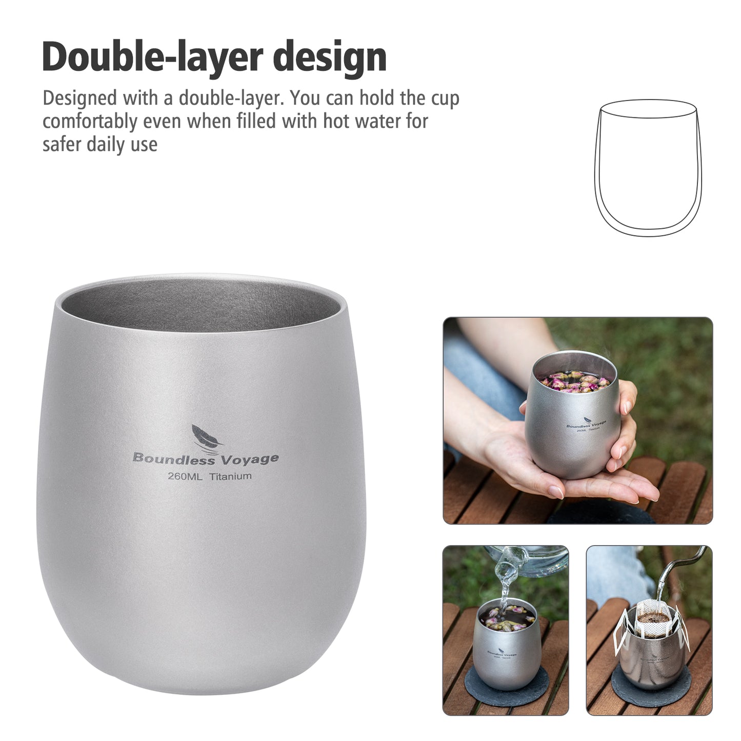 Boundless Voyage Titanium Double-Wall Cup – Ultralight TA1 Camping Coffee Mug for Travel, Hiking & Outdoor Use