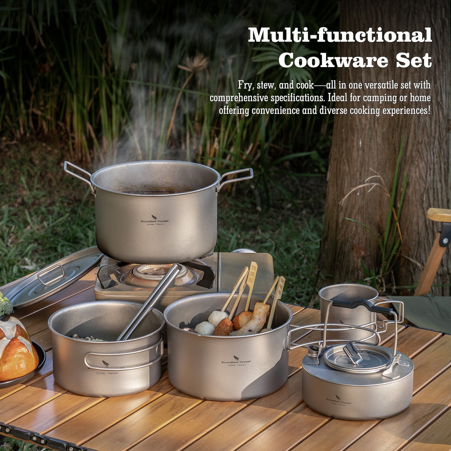 Boundless Voyage Titanium Cookware Set 3-Piece (1.2L/1.8L/2.4L) – Ultralight Camping Pots Set, Nesting Titanium Cooking Kit for Backpacking, Hiking & Outdoor Cooking
