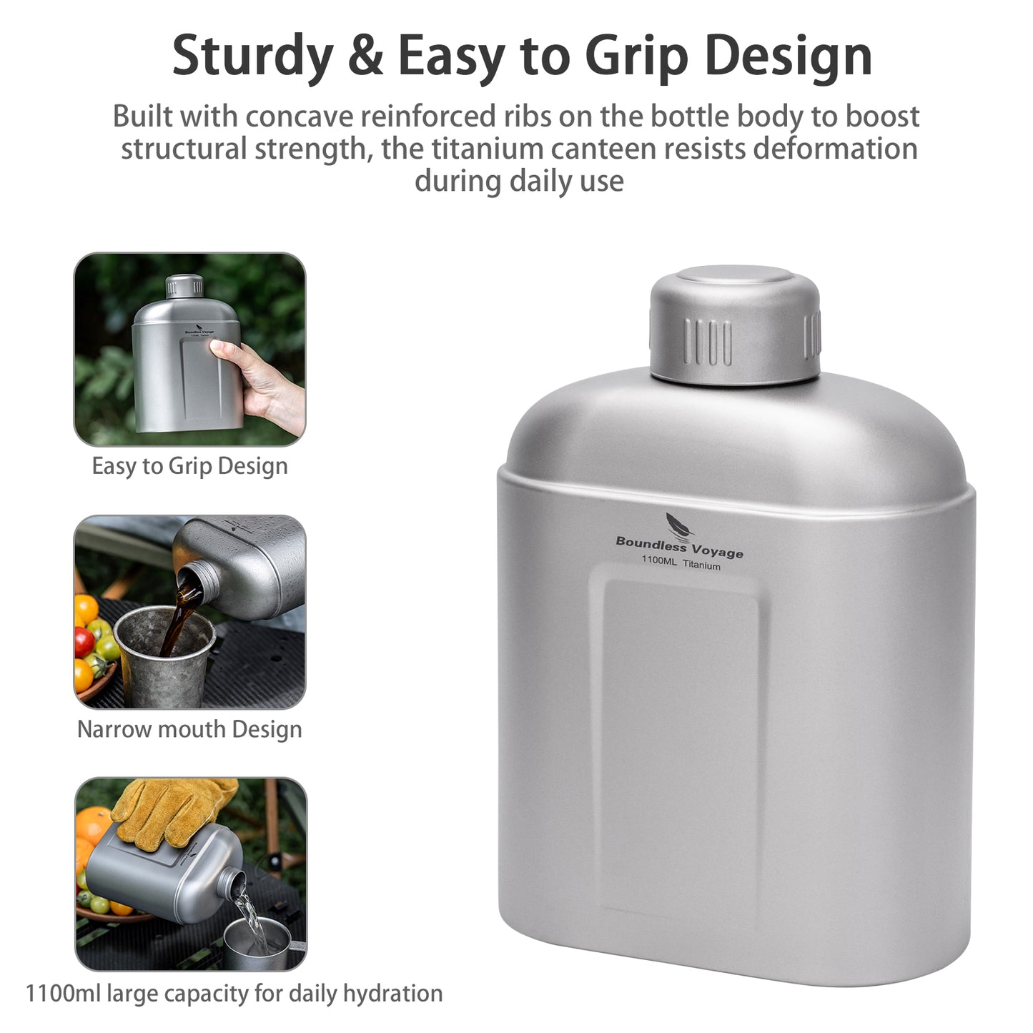 Boundless Voyage 1100ml TA1 Titanium Water Bottle – Single Wall Open-Fire Canteen with Leakproof Lid & Carry Sleeve for Camping & Outdoor Survival