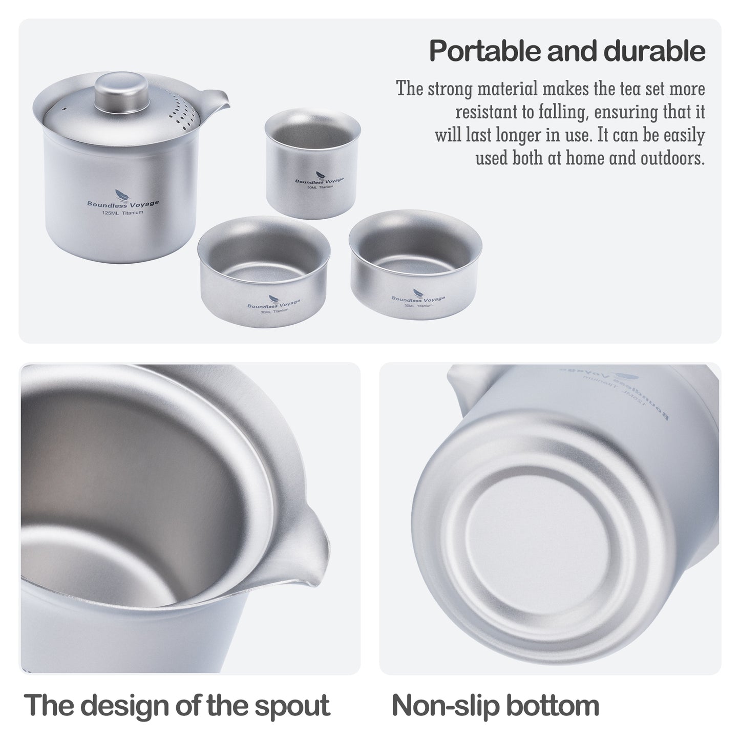 Boundless Voyage Titanium Double-Layer Tea Maker Set – Ultralight Camping Tea Pot + 3 Mini Cups (30ml) for Outdoor Brewing & Travel Tea Ceremony