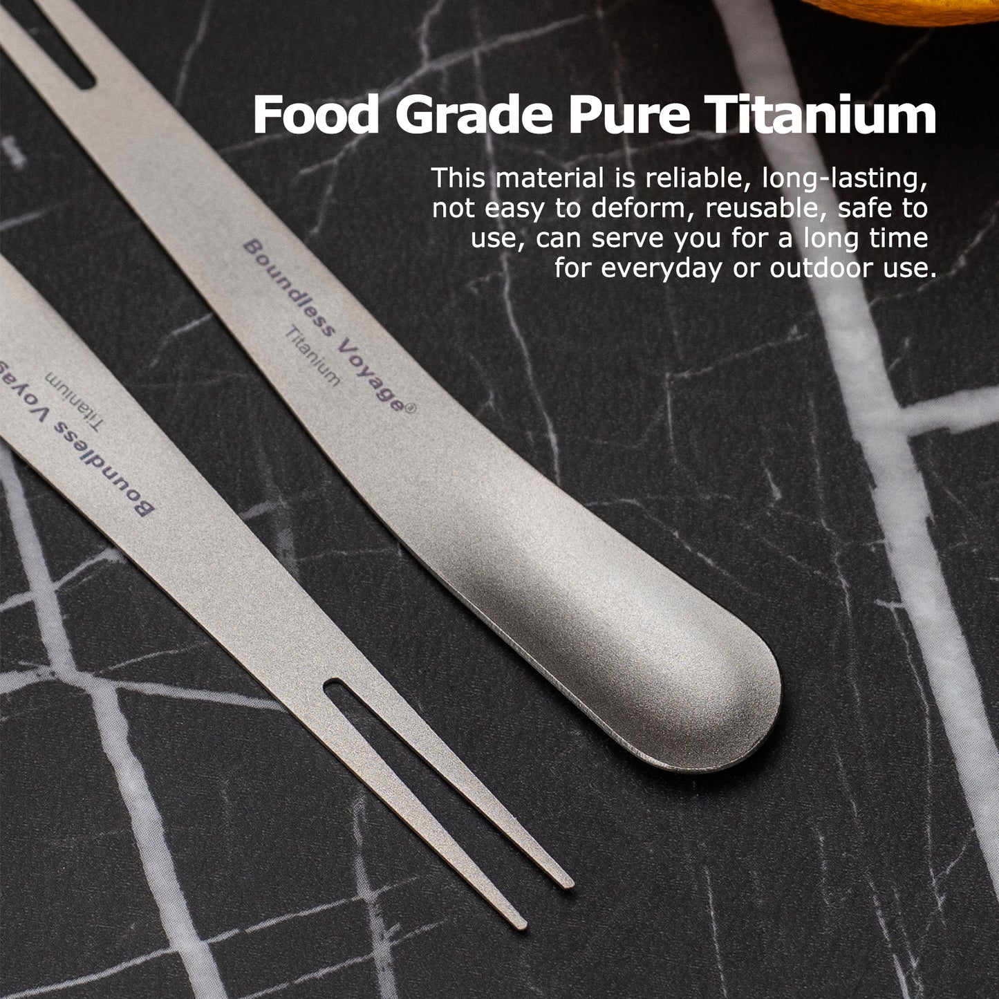 Boundless Voyage Titanium Dual-Use Fork & Spoon Set – 5pcs Ultralight Camping Cutlery with Drawstring Bag for Fruits, Coffee, Ice Cream & Travel