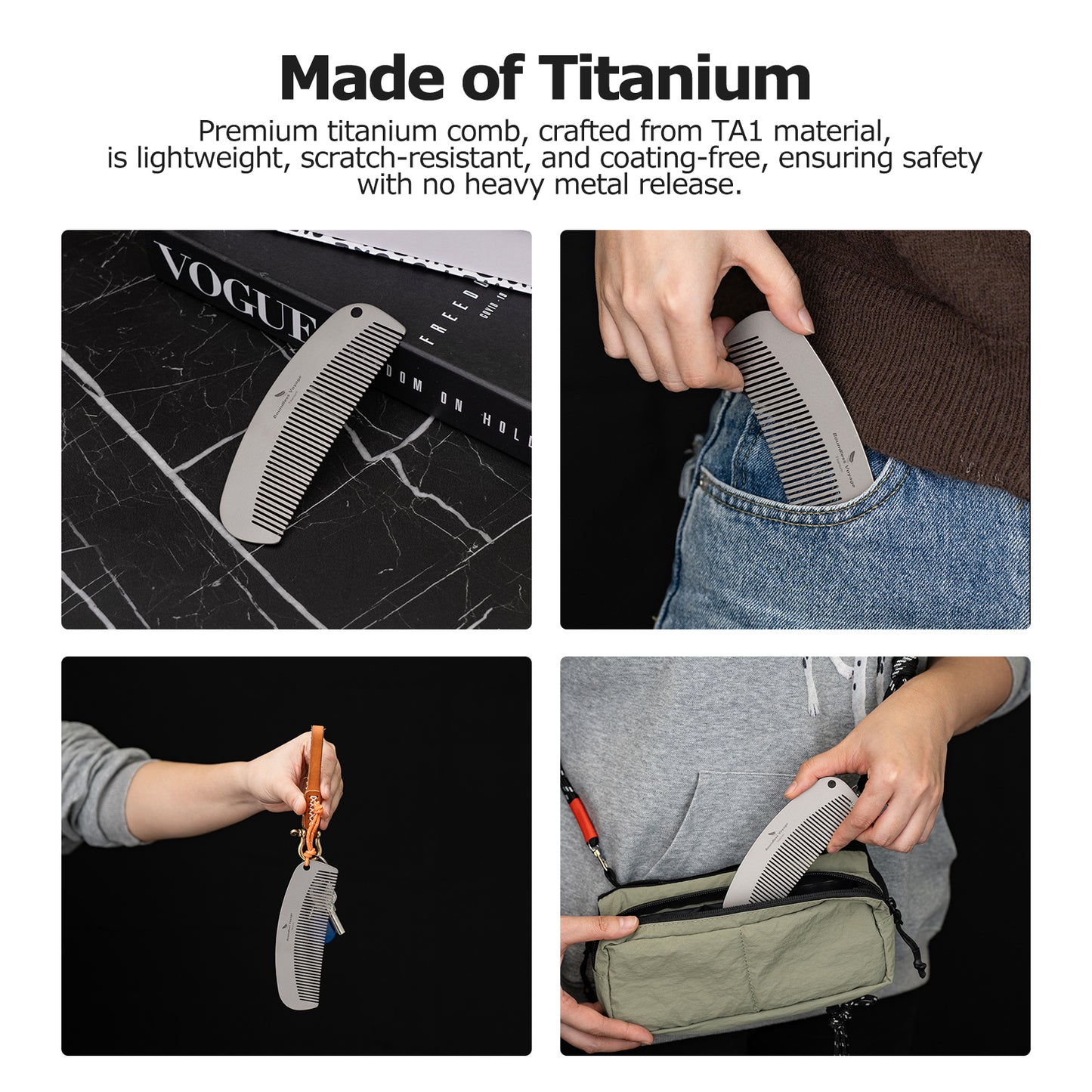 Boundless Voyage Titanium Crescent Comb – Hair & Beard Grooming Comb for Travel, EDC & Everyday Use