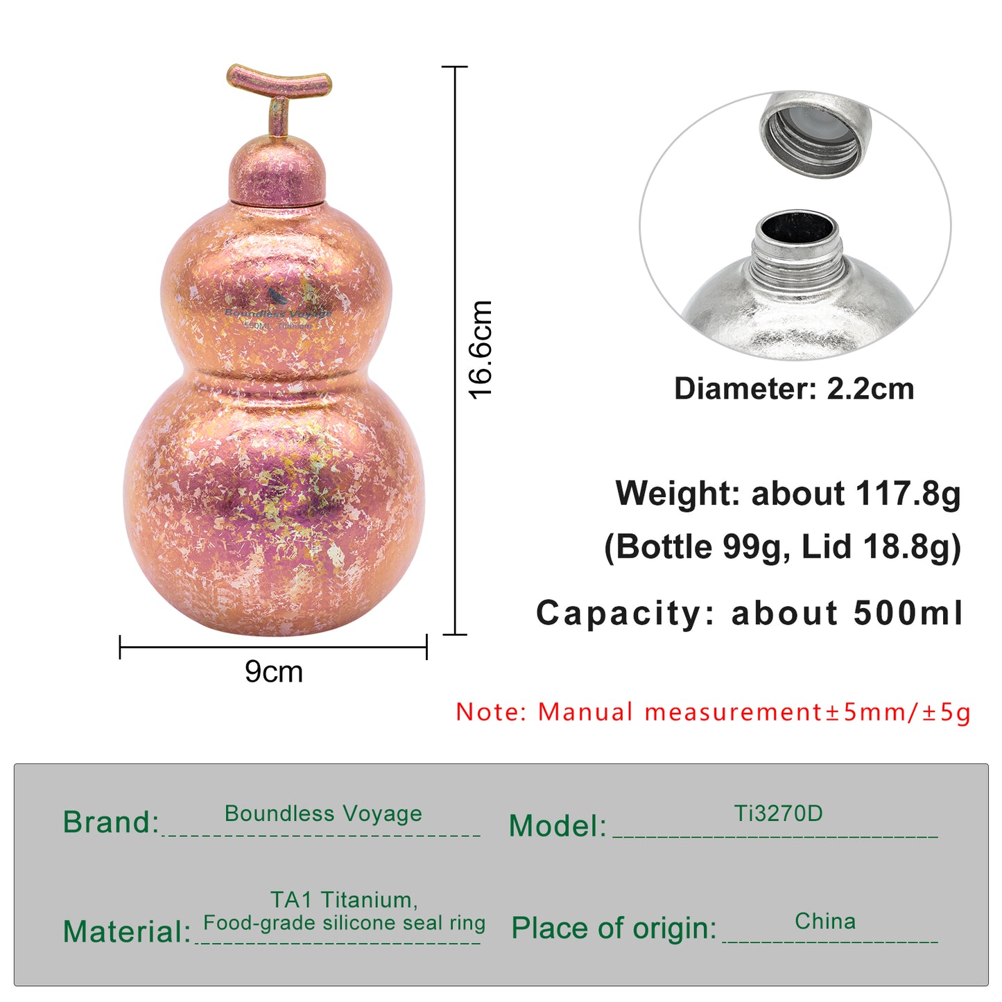 Boundless Voyage Premium Titanium Gourd Flask  | 500ml Crystallized Ice-Texture Canteen | Ultralight & Rustproof Alcohol Drinkware for Hiking & Camping