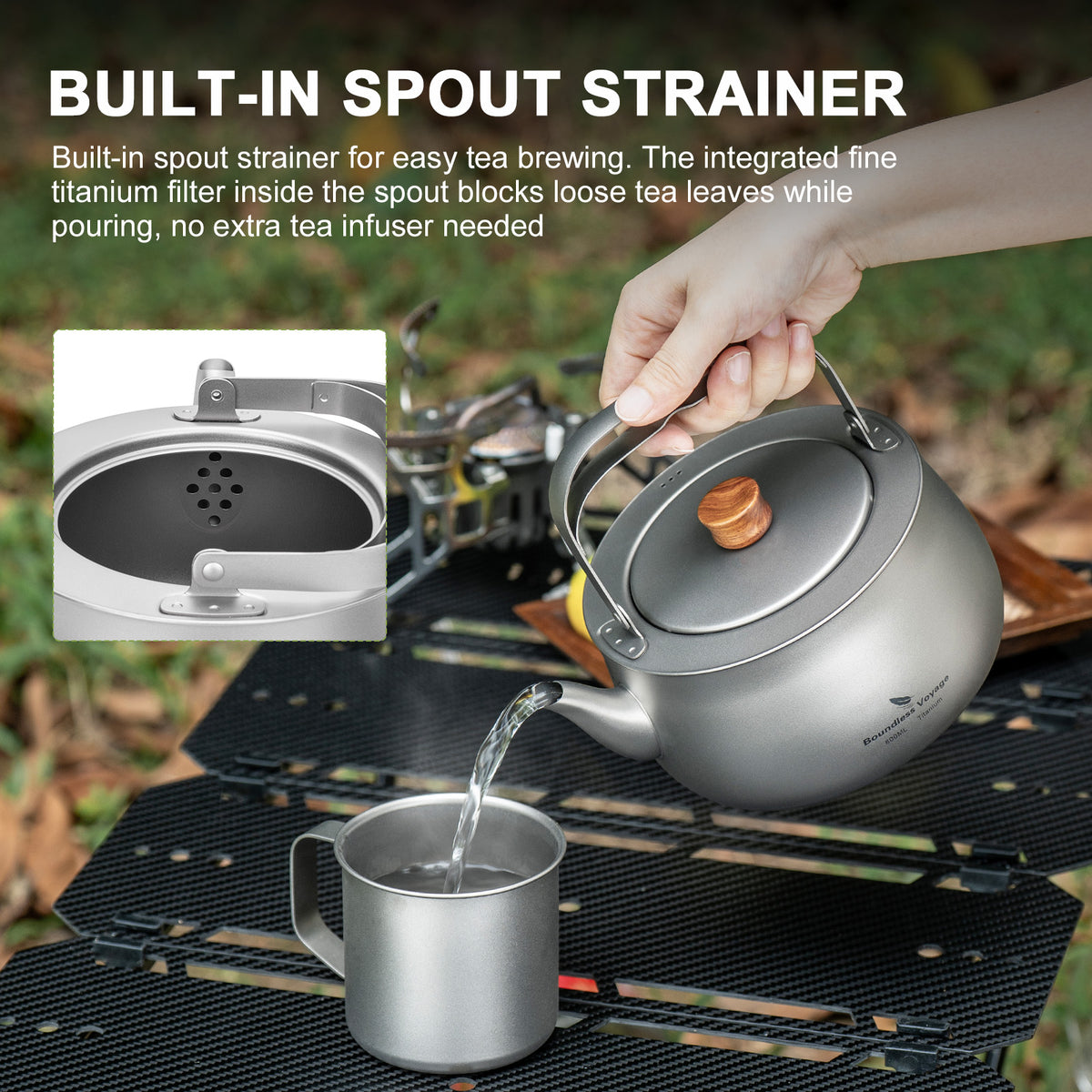 Boundless Voyage 800ml Titanium Camping Kettle – Ultralight Water Boiler with Folding Handle & Wooden Knob for Backpacking, Hiking & Outdoor Cooking