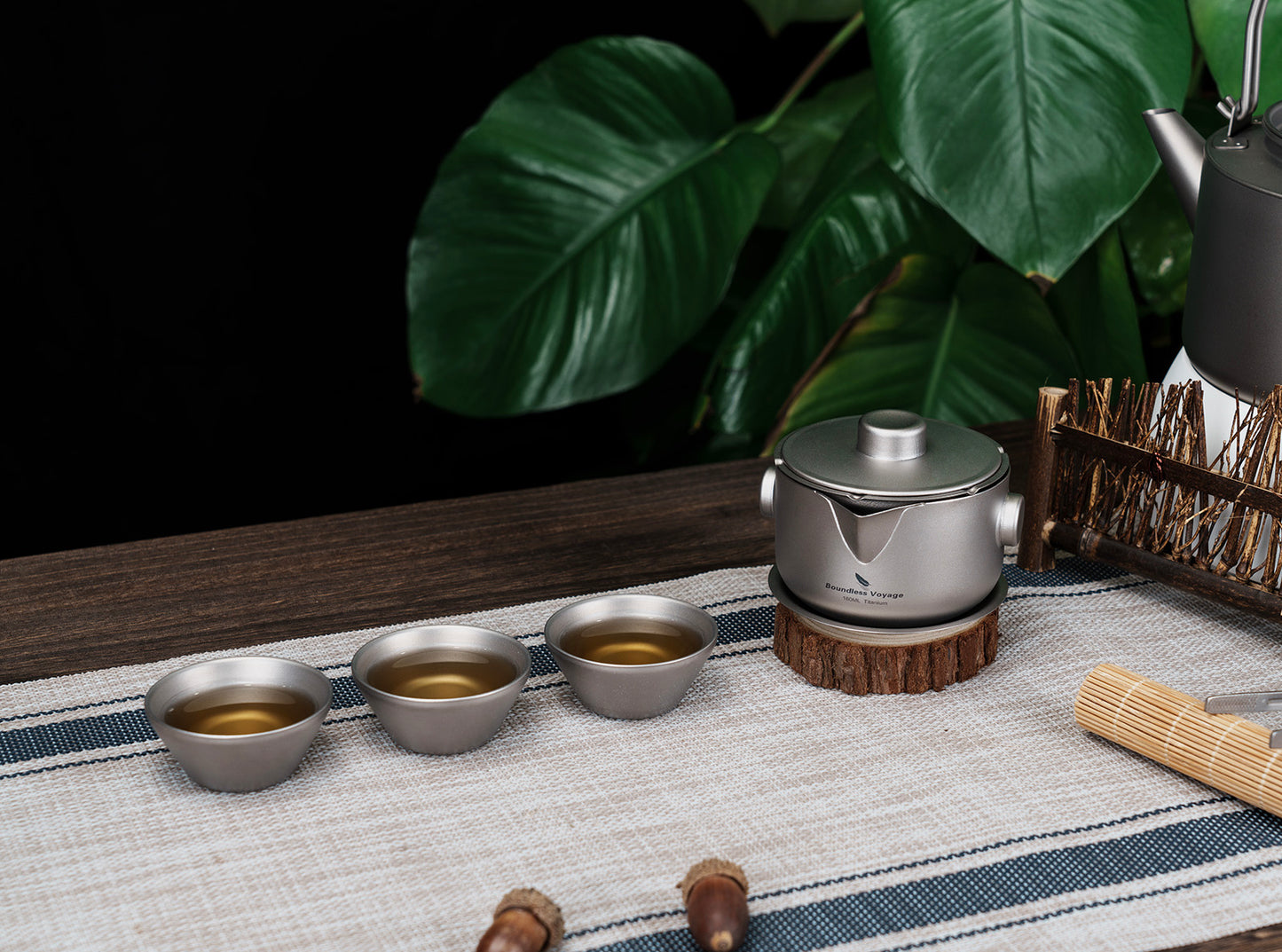 Boundless Voyage 180ml Titanium Double-Layer Tea Set | 136g Ultralight Teapot with 3pcs 30ml Anti-Scald Cups | Stackable Travel Tea Maker for Camping