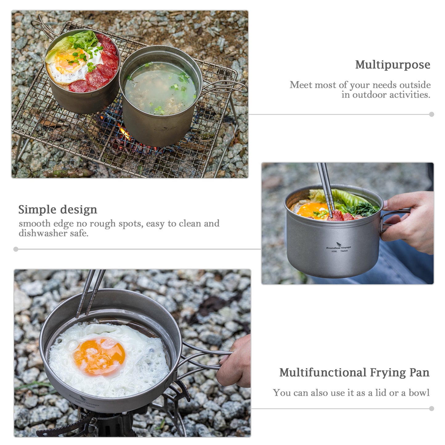 Boundless Voyage Titanium Cookware Set – Ultralight Camping Pot & Frying Pan 500ml + 1080ml, Nesting TA1 Titanium Cooking Set for Backpacking, Hiking & Outdoor Cooking