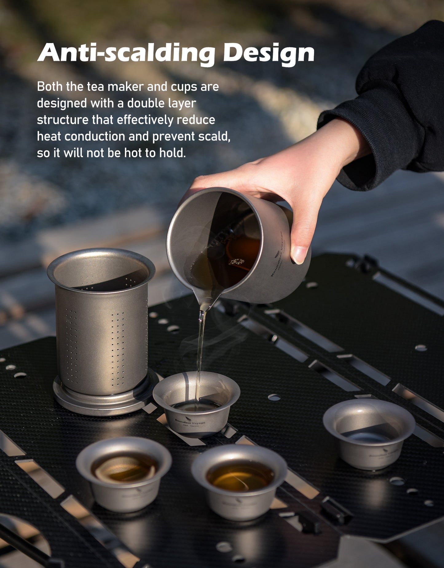 Boundless Voyage 400ml Titanium Double-Layer Tea Set | Insulated Teapot with 4pcs 40ml Anti-Scald Cups | Lightweight 168g Travel Tea Maker for Camping