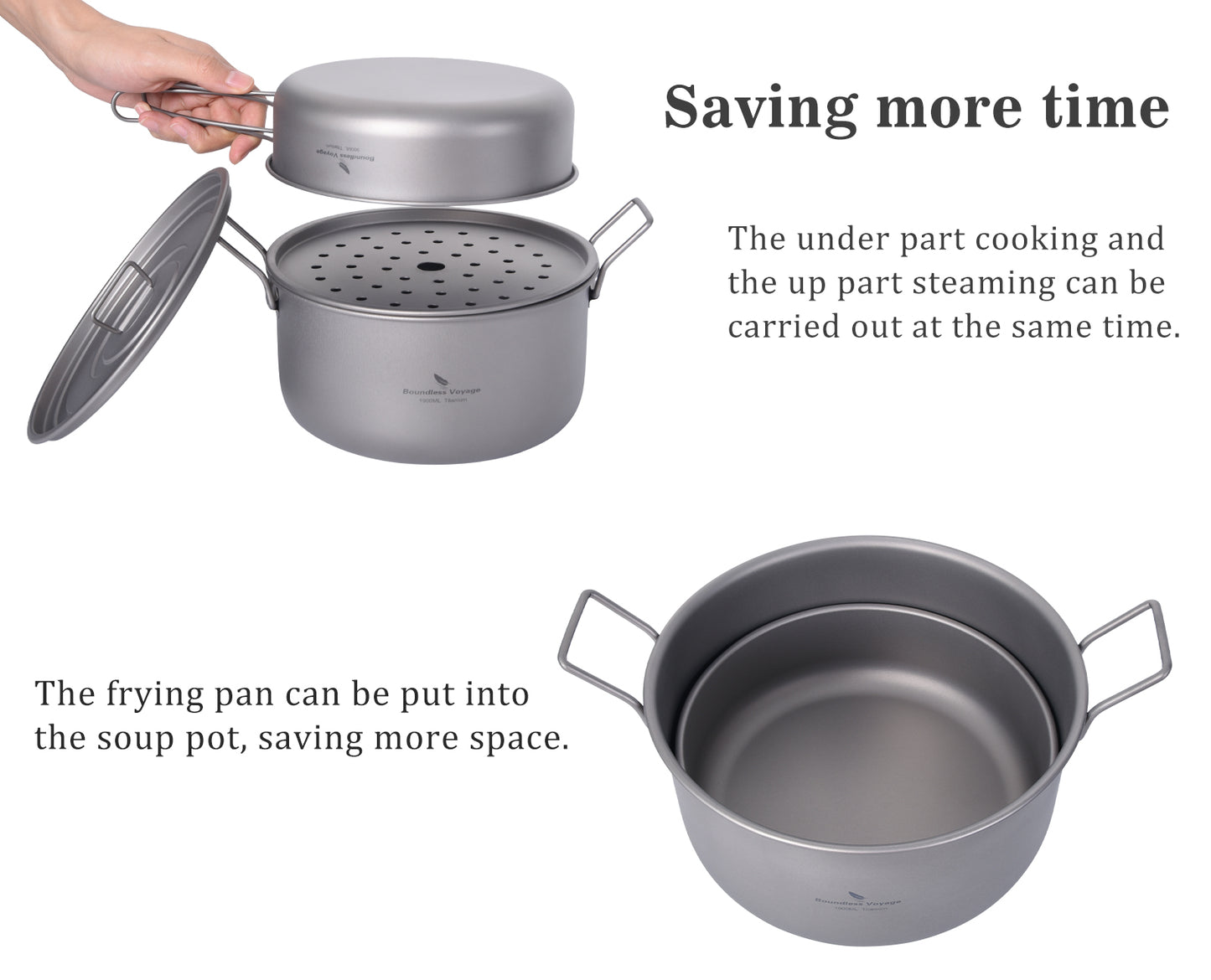 Boundless Voyage Titanium Camping Cookware Set 1900ml+900ml with Steamer – Multifunctional Pot, Frying Pan & Lid Kit, Ultralight Outdoor Cooking System for Hiking & Backpacking