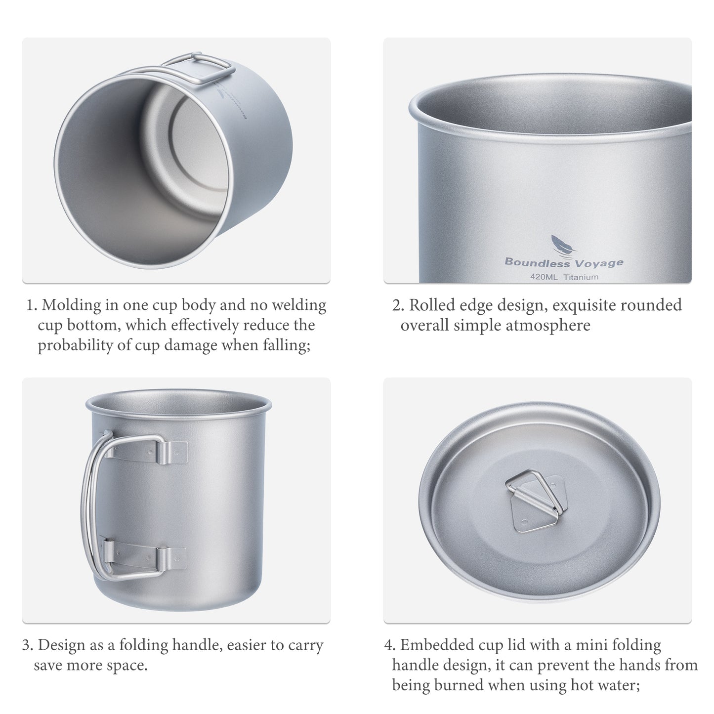 Boundless Voyage 420ml TA1 Titanium Camping Mug – Ultralight Foldable-Handle Cup for Water, Coffee & Tea Outdoors