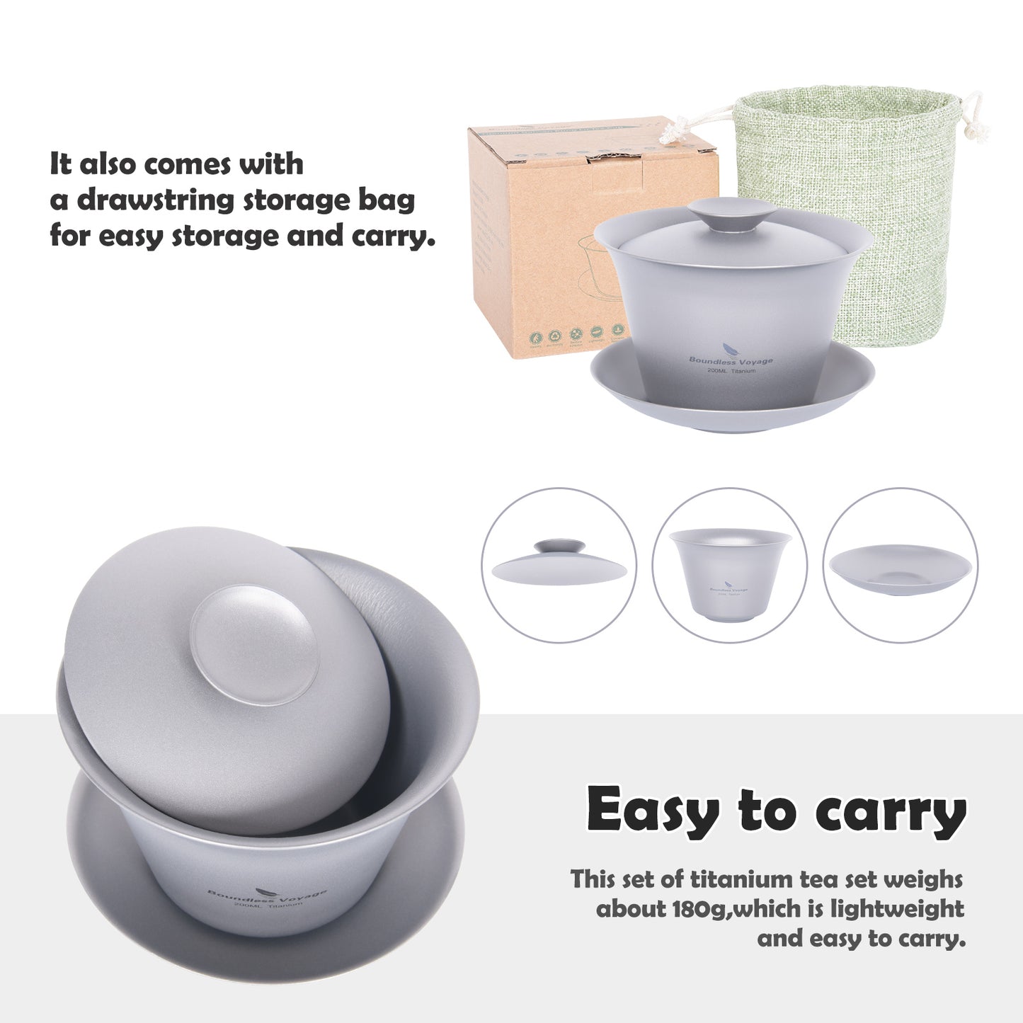 Boundless Voyage 200ml Titanium Gaiwan Set | Chinese Kung Fu Tea Bowl with Lid & Saucer | 114g Ultralight Anti-Scald Tea Set for Travel