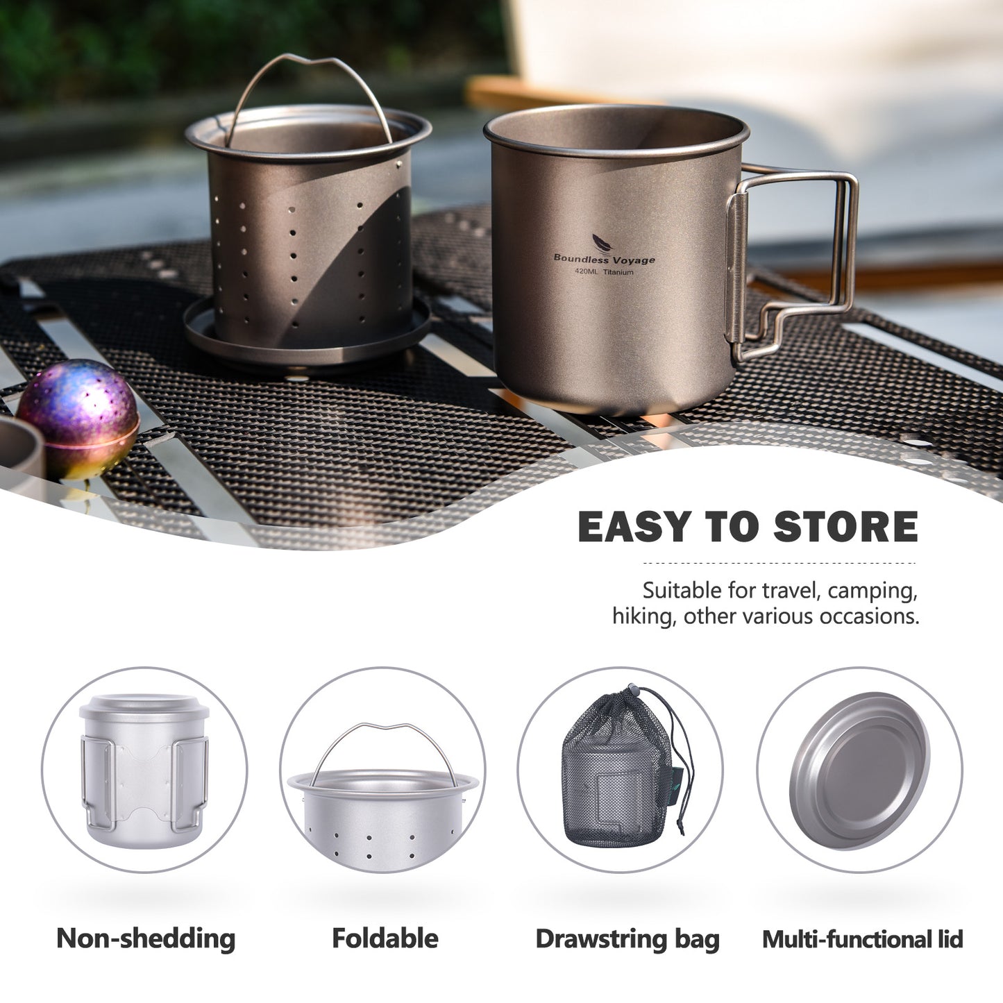 Boundless Voyage Titanium Mug with Tea Strainer 420ml/14.2 fl oz Portable Folding Handle Lightweight Tea Cup with Tea Filter Outdoor Camping Tea Maker