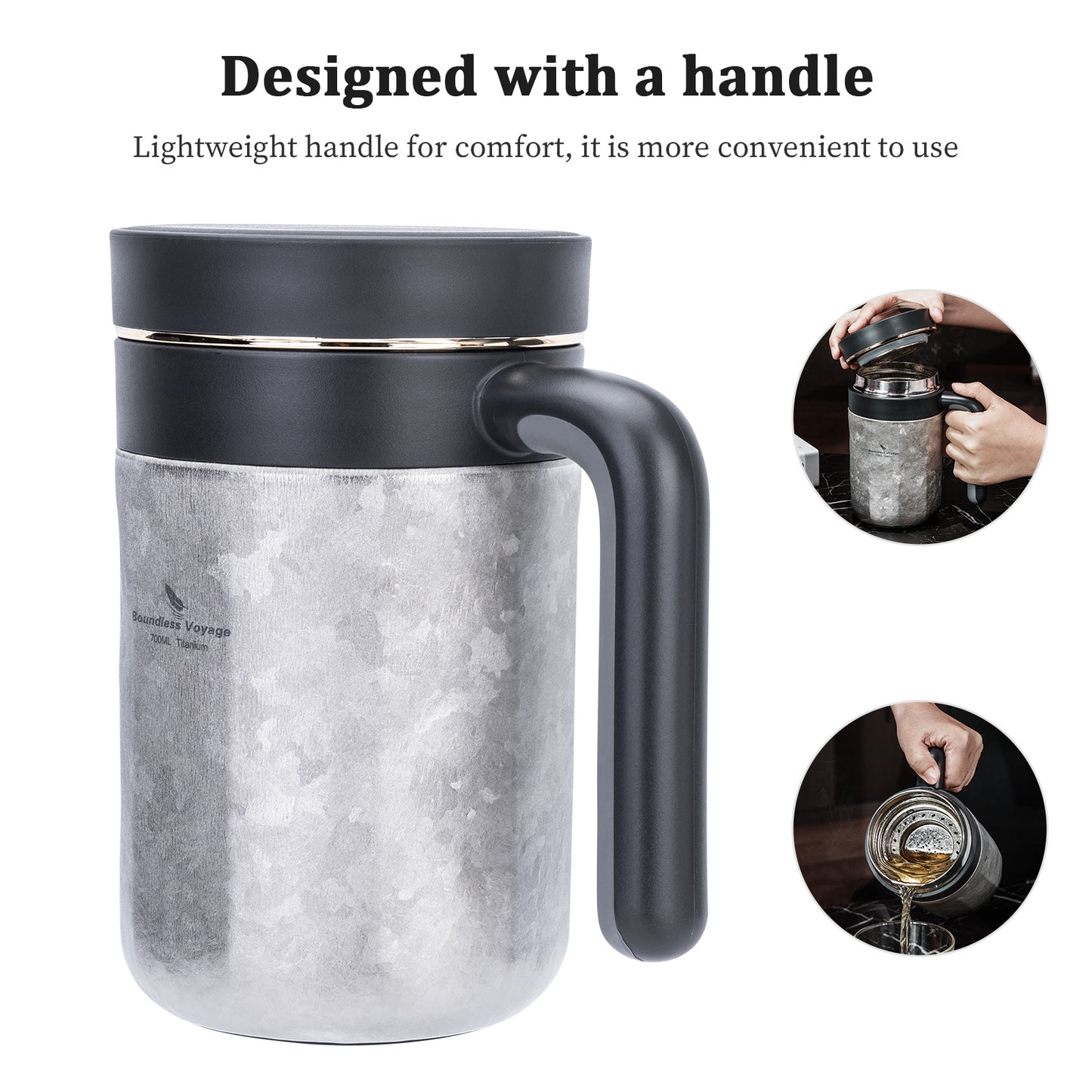 Boundless Voyage Titanium 700ml Double-Walled Insulated Cup with Lid & Filter | Portable Travel Coffee Mug for Hot & Cold Drinks
