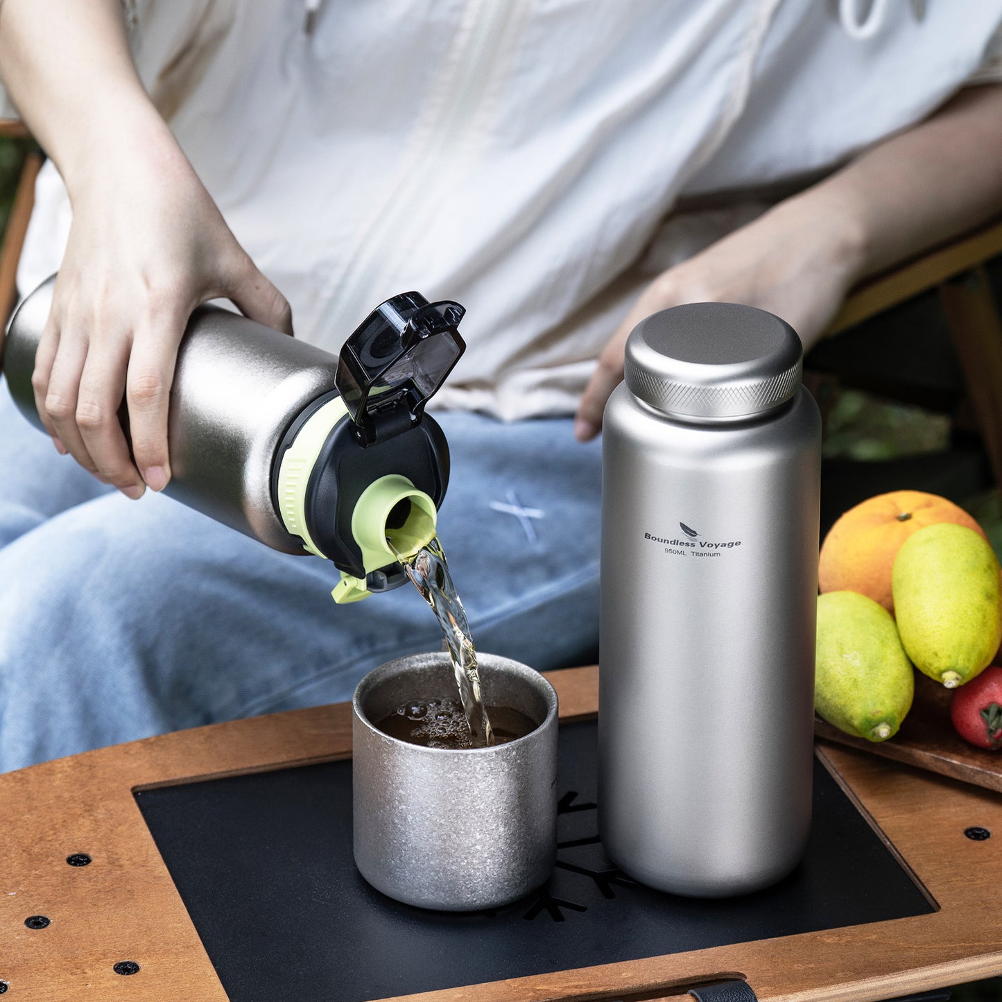 Boundless Voyage 950ml Titanium Water Bottle with Lids – TA1 Ultralight Wide Mouth Canteen for Hiking, Camping & Travel