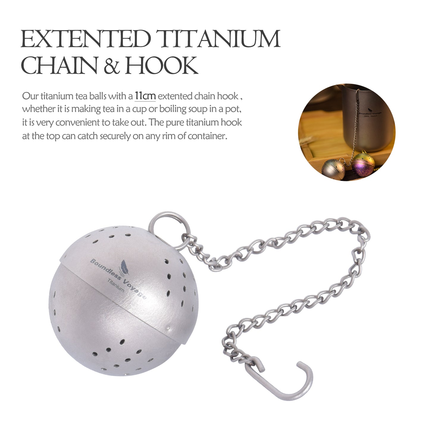Boundless Voyage 10g Ultralight Titanium Tea Ball Infuser | Extra Fine Mesh Tea Steeper with Extended Chain | Rust-Proof Portable Filter for Loose Leaf Tea
