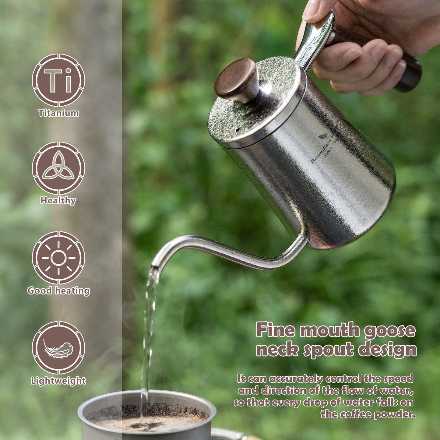 Boundless Voyage 300ml Titanium Pour Over Coffee Kettle with Beech Wood Handle – For Home, Office & Camping