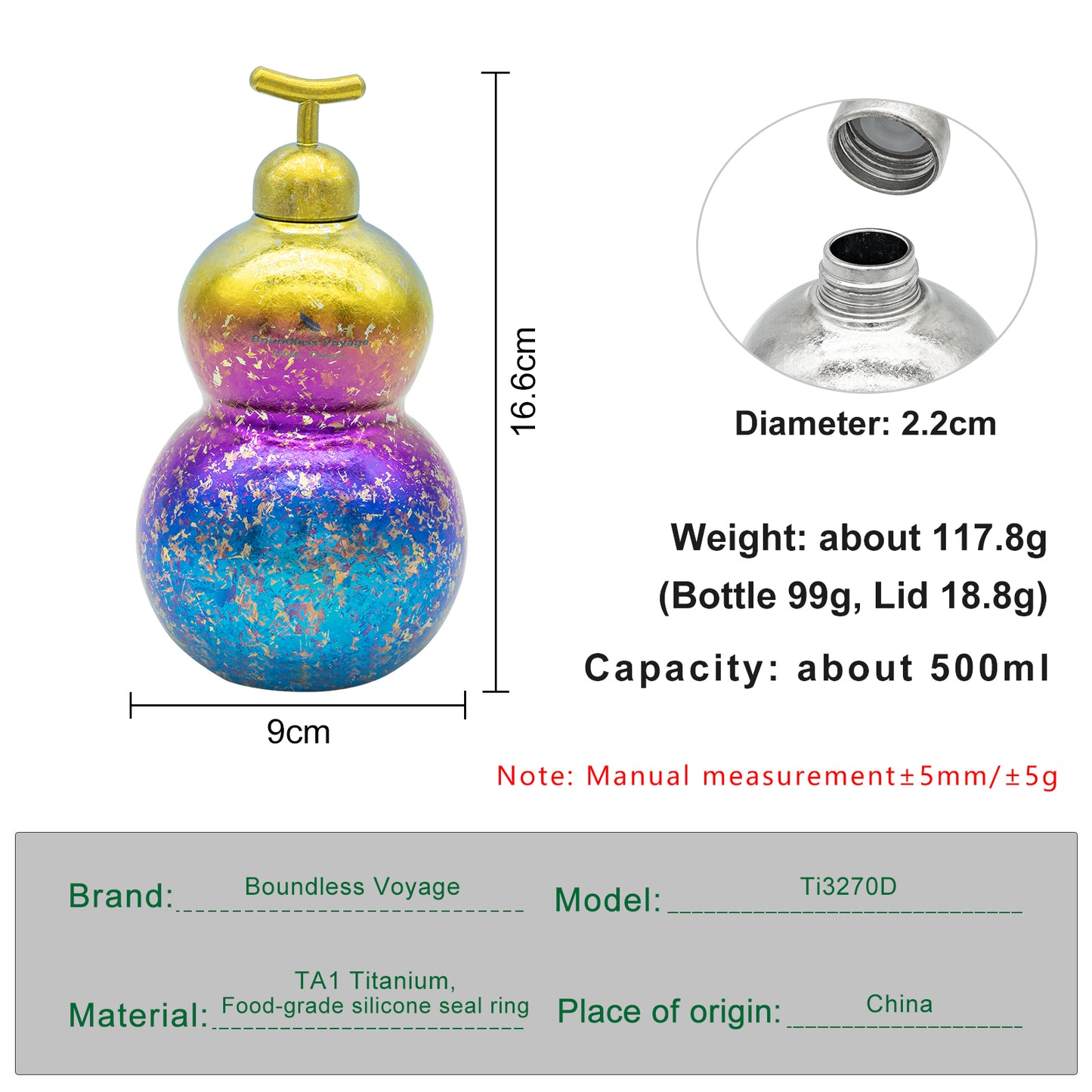 Boundless Voyage Premium Titanium Gourd Flask  | 500ml Crystallized Ice-Texture Canteen | Ultralight & Rustproof Alcohol Drinkware for Hiking & Camping