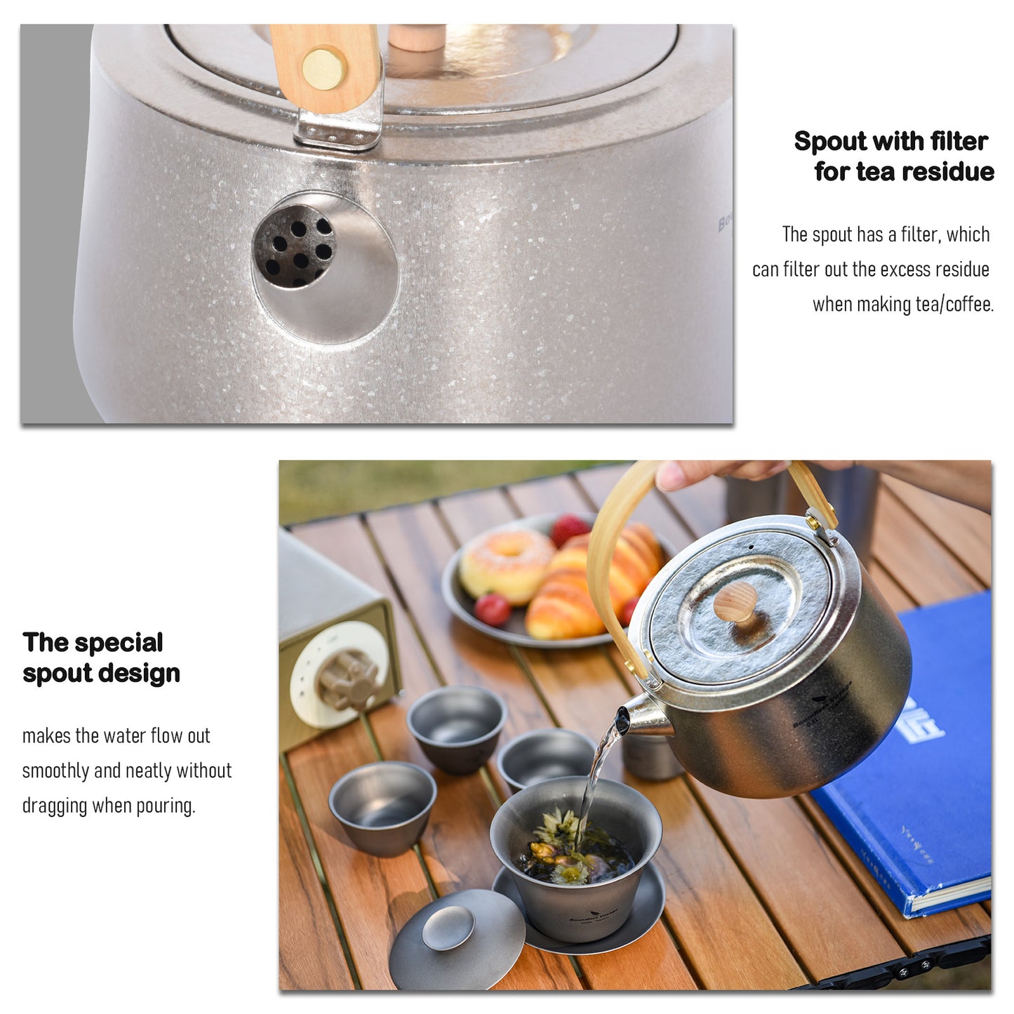 Boundless Voyage 800ml Crystallized Titanium Kettle | Ultralight Teapot with Anti-Scald Wooden Handle | Premium Tea & Coffee Pot for Camping