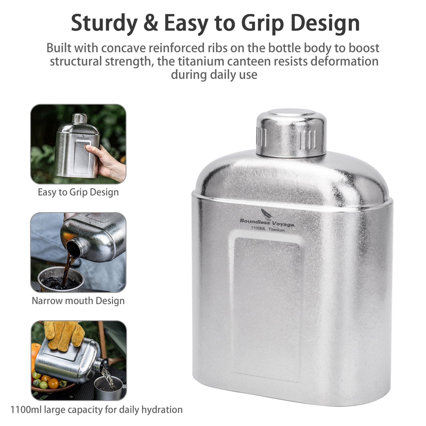 Boundless Voyage 1100ml TA1 Titanium Water Bottle – Single Wall Open-Fire Canteen with Leakproof Lid & Carry Sleeve for Camping & Outdoor Survival