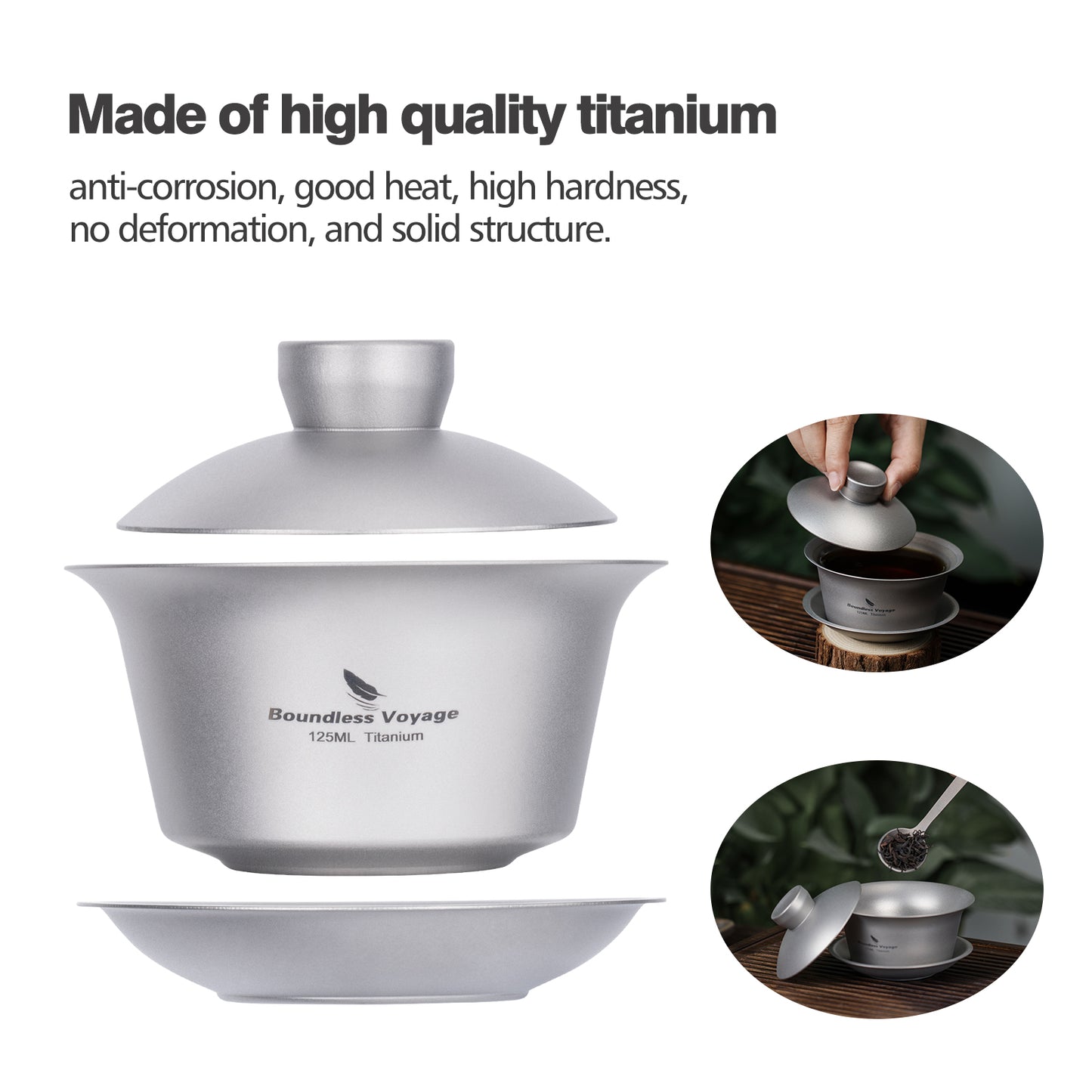 Boundless Voyage Titanium Tea Cup with Lid Traditional Chinese Kung Fu Gaiwan Double-Walled Anti-Scalding Tea Bowl Lightweight Portable Tea Set With 25ml  Cup 3PCS
