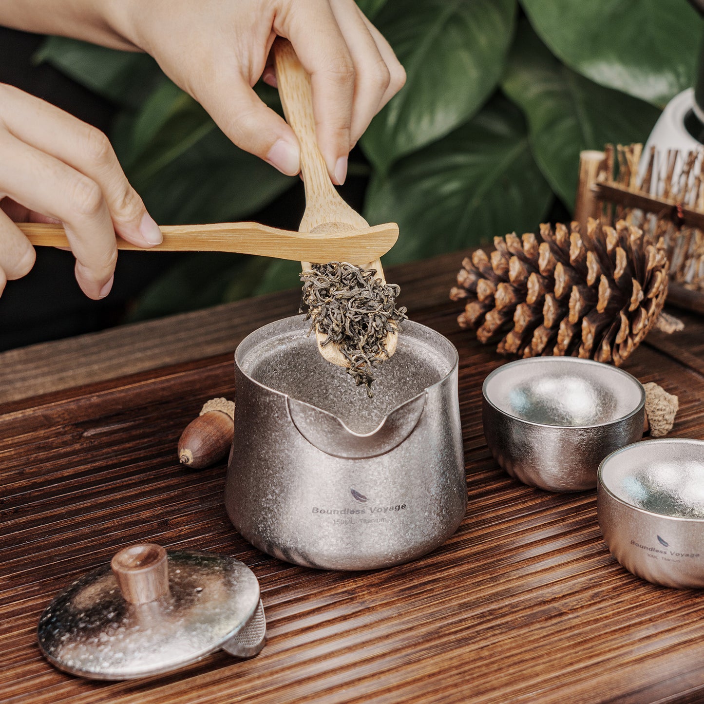 Boundless Voyage 150ml Titanium Double-Layer Tea Set | 109g Ultralight Mini Teapot & 30ml Cup | Insulated Anti-Scald Travel Tea Maker for Camping