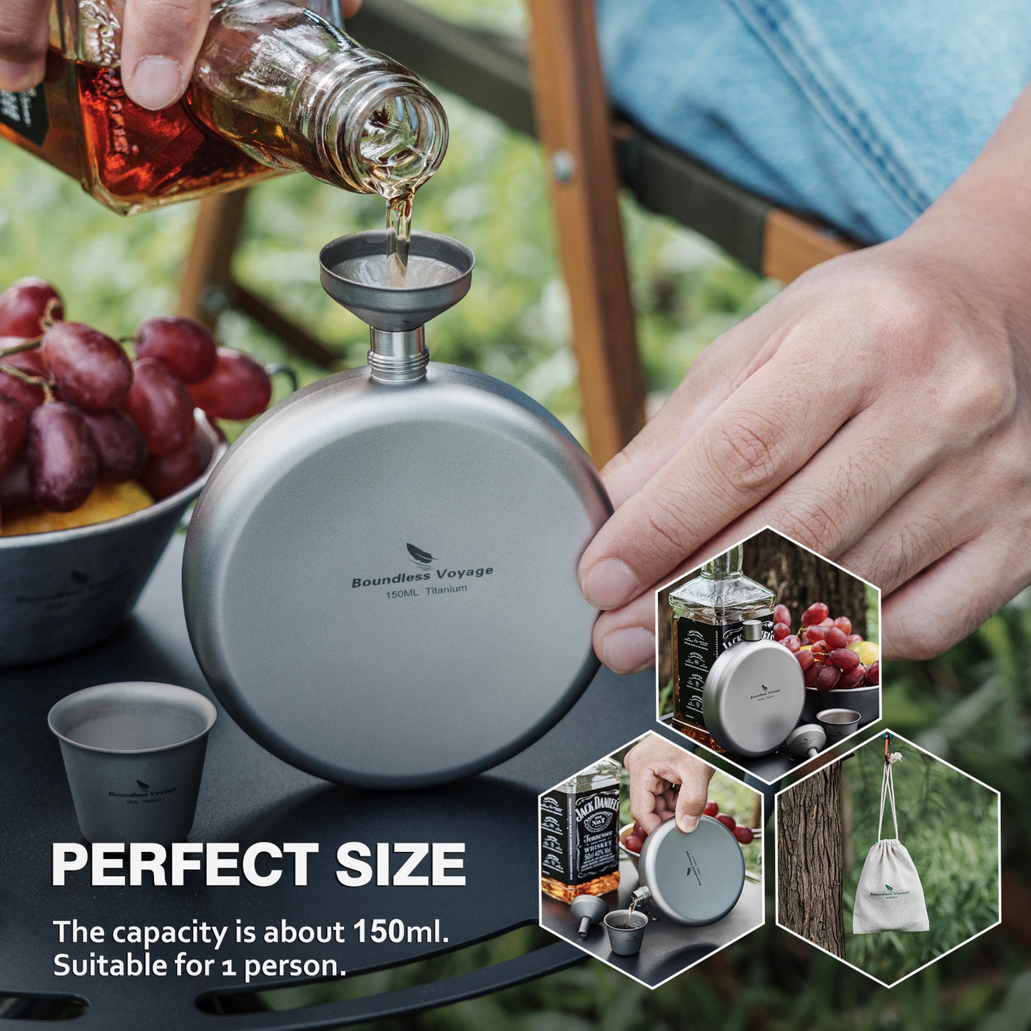 Boundless Voyage 150ml Titanium Hip Flask Set with Funnel & Shot Cup – Ultralight TA1 Titanium Whiskey Flask, Leakproof Pocket Liquor Bottle for Camping, Travel & Gifts