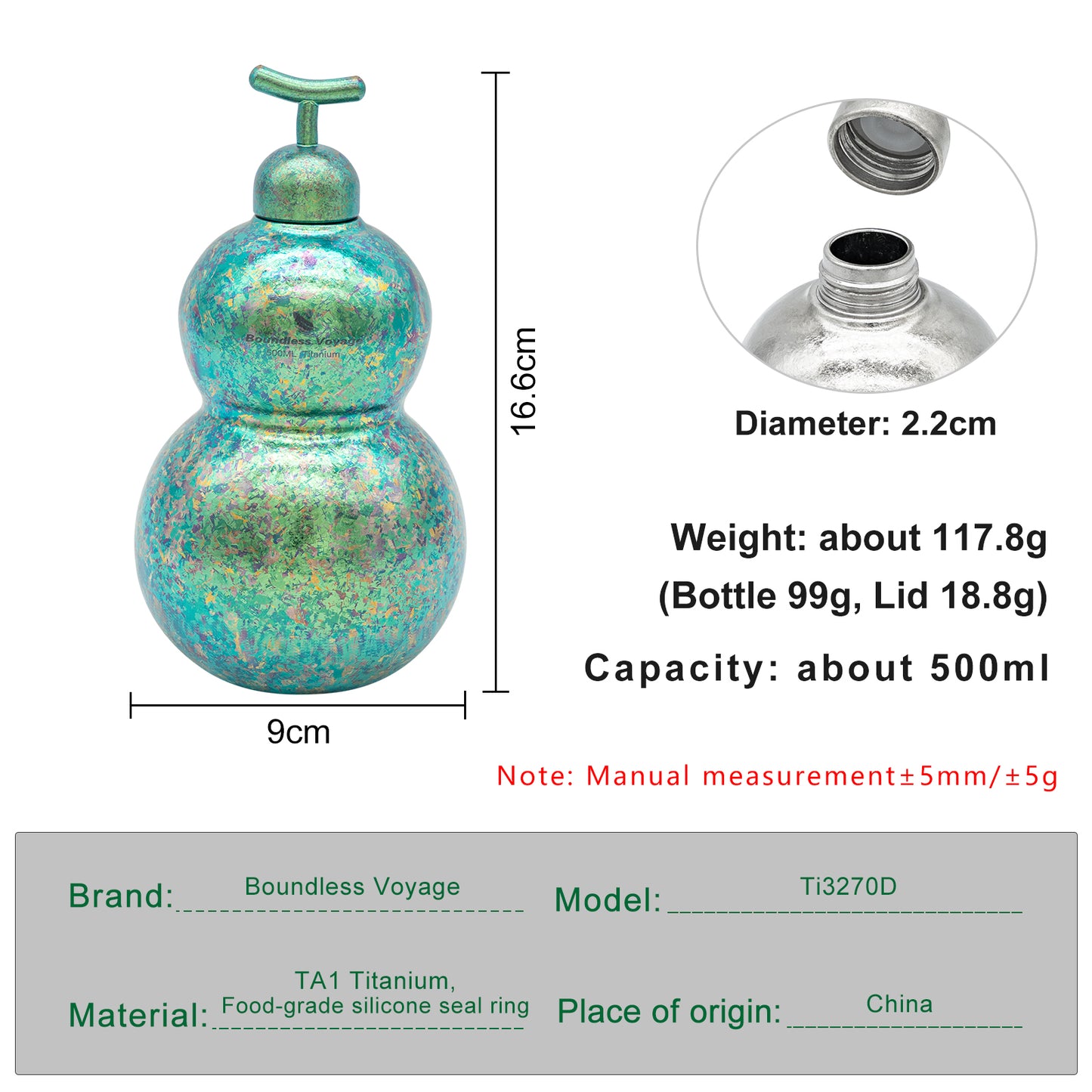 Boundless Voyage Premium Titanium Gourd Flask  | 500ml Crystallized Ice-Texture Canteen | Ultralight & Rustproof Alcohol Drinkware for Hiking & Camping