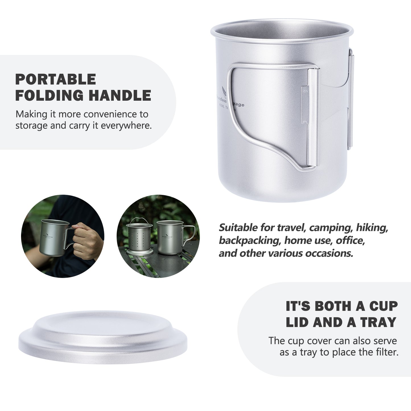 Boundless Voyage 450ml Titanium Cup with Filter Folding Handles Outdoor Camping Ti Tea Coffee Mug 15.2 fl oz Portable Lightweight Tea Maker Can Be Heated