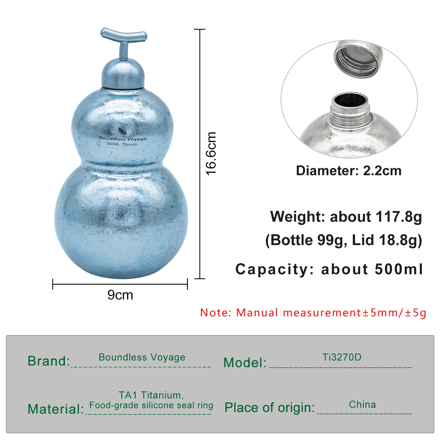 Boundless Voyage Premium Titanium Gourd Flask  | 500ml Crystallized Ice-Texture Canteen | Ultralight & Rustproof Alcohol Drinkware for Hiking & Camping