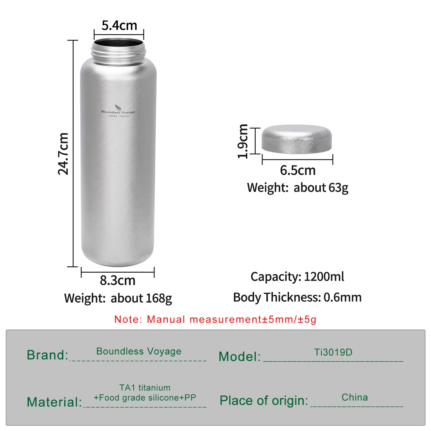 Boundless Voyage 1200ml Titanium Water Bottle with Dual Lids – Wide Mouth Leakproof Outdoor Bottle for Camping, Hiking, Gym & Travel