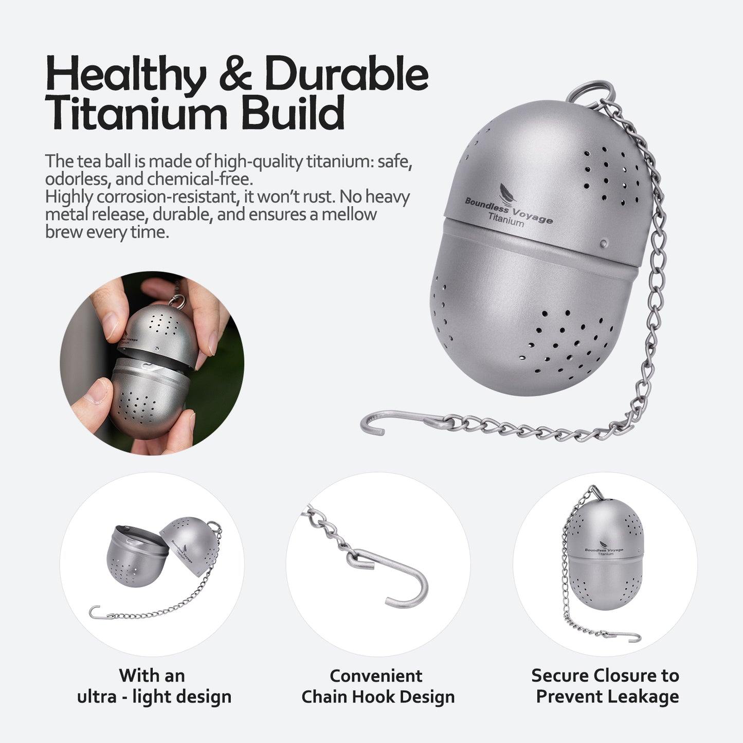 Boundless Voyage Titanium Tea Ball Infuser  Ultralight Tea Strainer with Extended Chain for Loose Tea  Spices